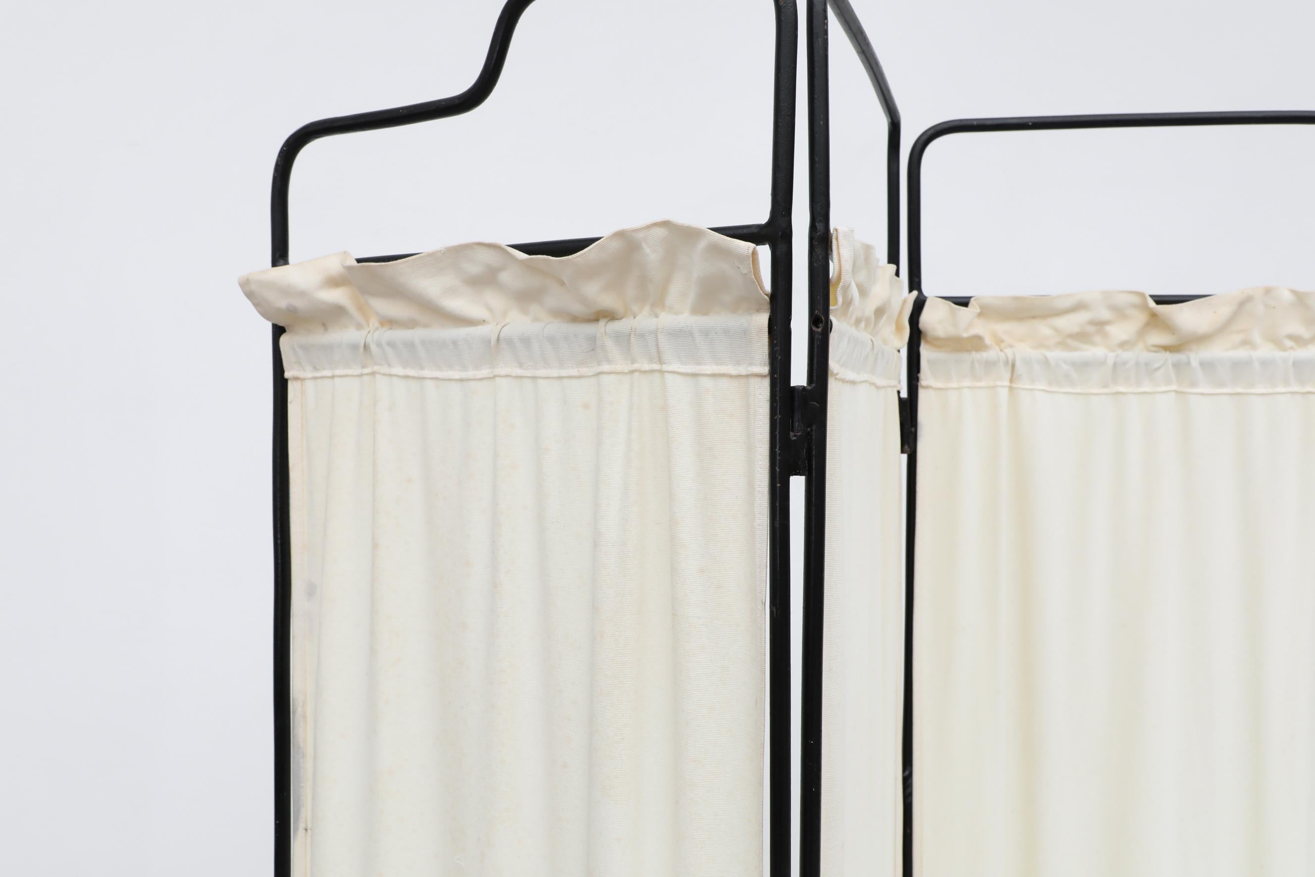 40's Deco Folding 4 Panel Privacy Screen or Room Divider w/ Inset Cream Fabric 9