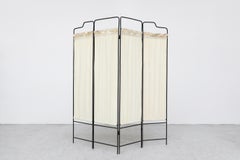40's Deco Folding 4 Panel Privacy Screen or Room Divider w/ Inset Cream Fabric