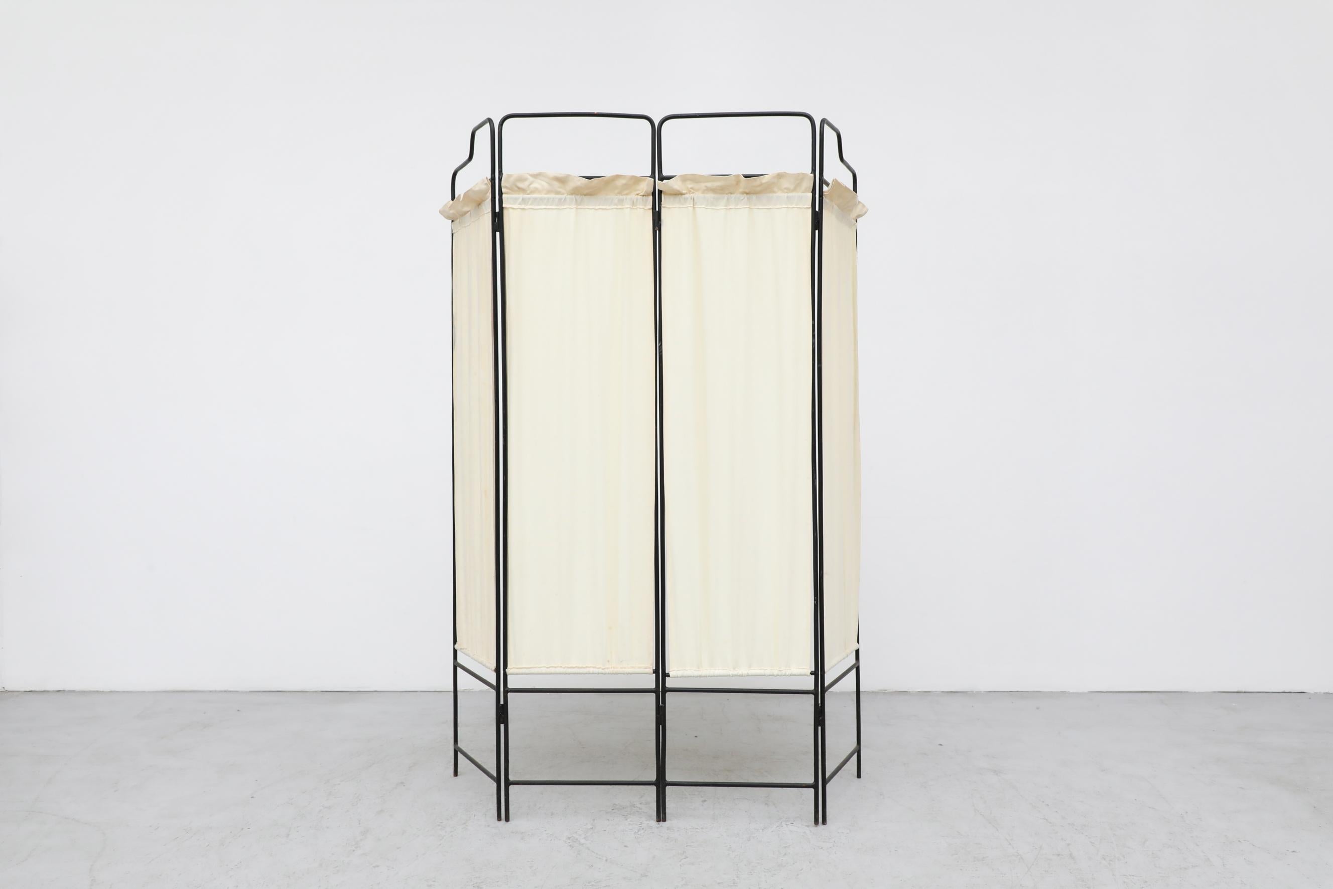 Belgian 40's Deco Folding 4 Panel Privacy Screen or Room Divider w/ Inset Cream Fabric