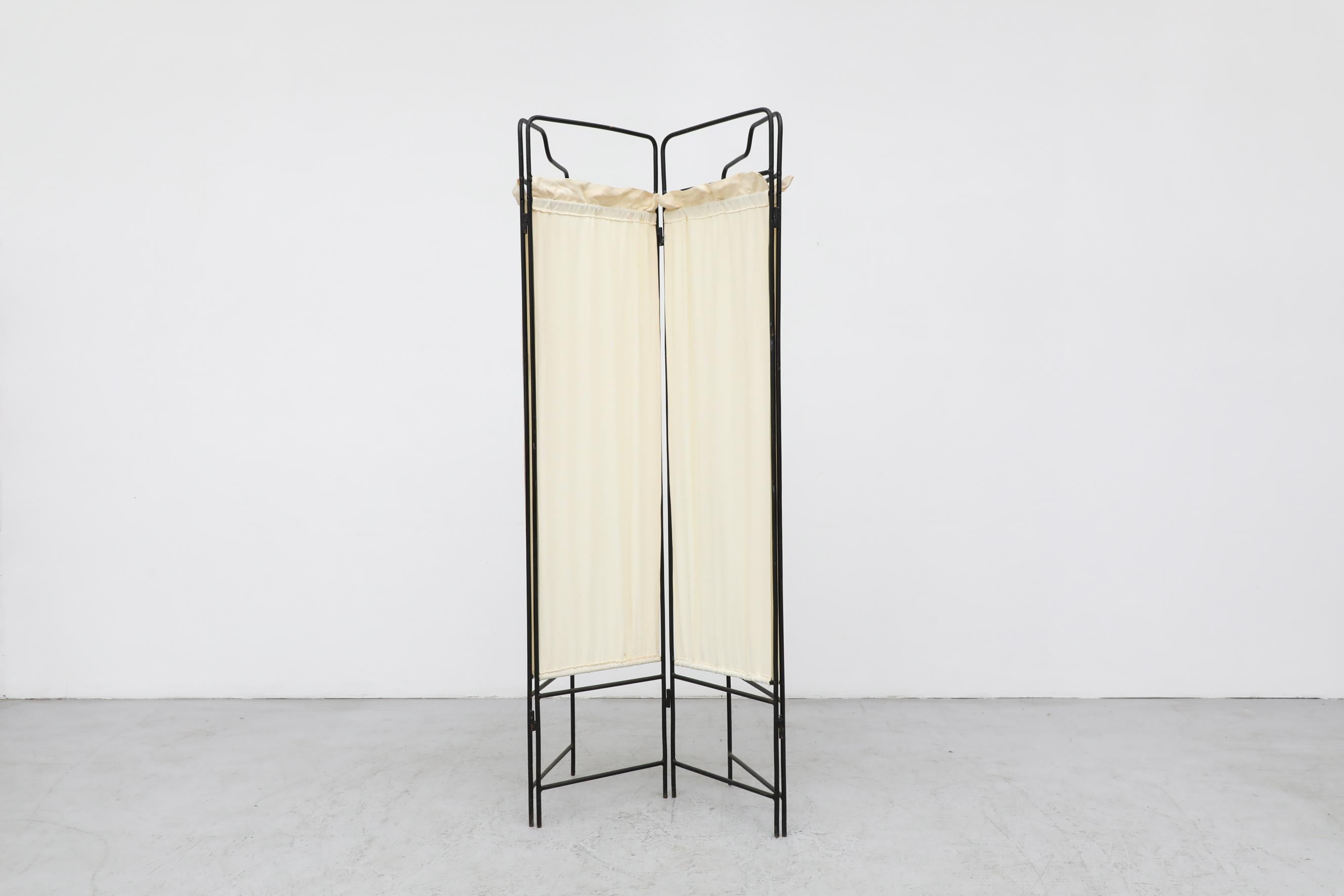 Mid-20th Century 40's Deco Folding 4 Panel Privacy Screen or Room Divider w/ Inset Cream Fabric 