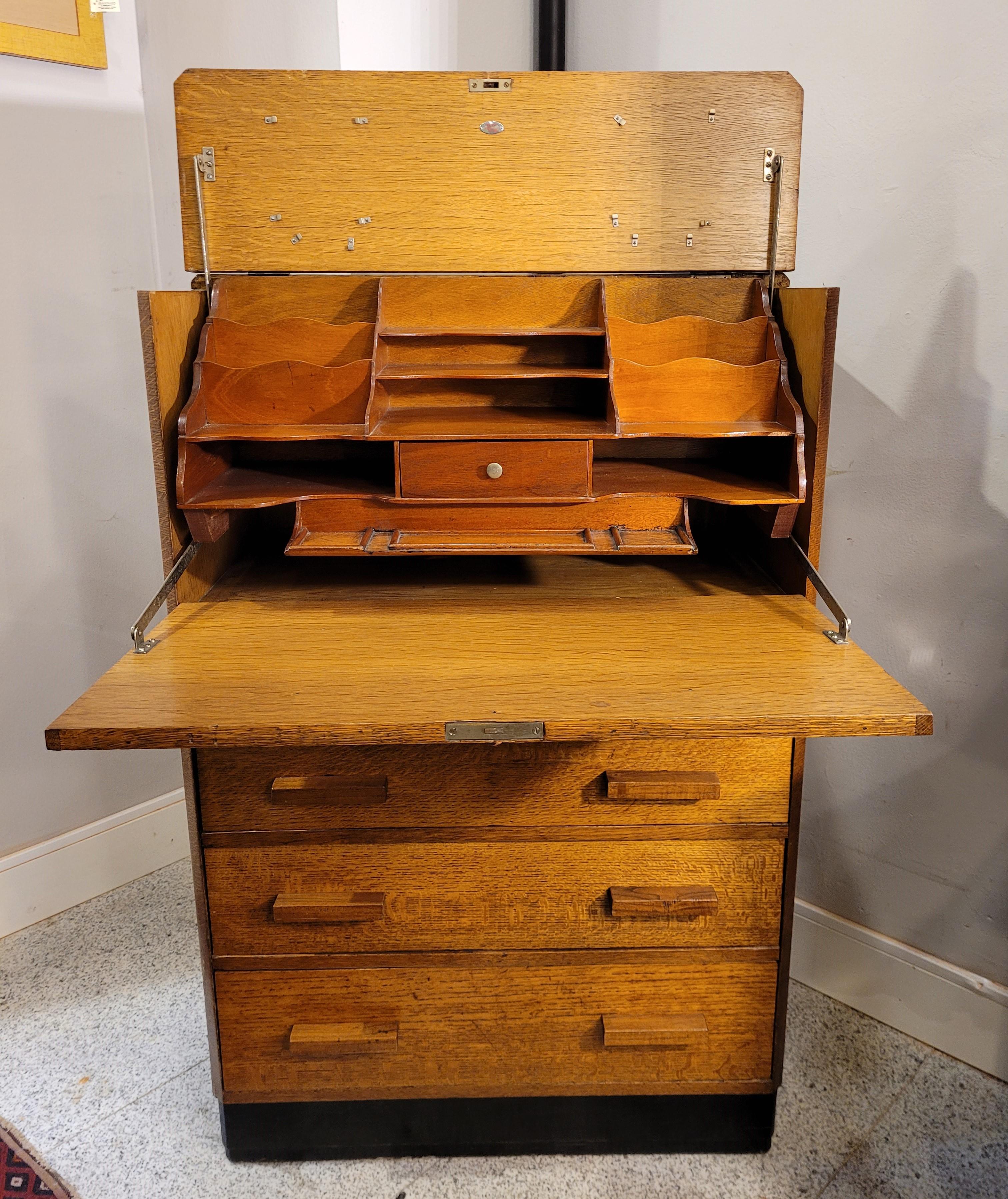 Mid-20th Century 40s English Oak Wood Secretaire, Desk, Commode by Aw-Lyn