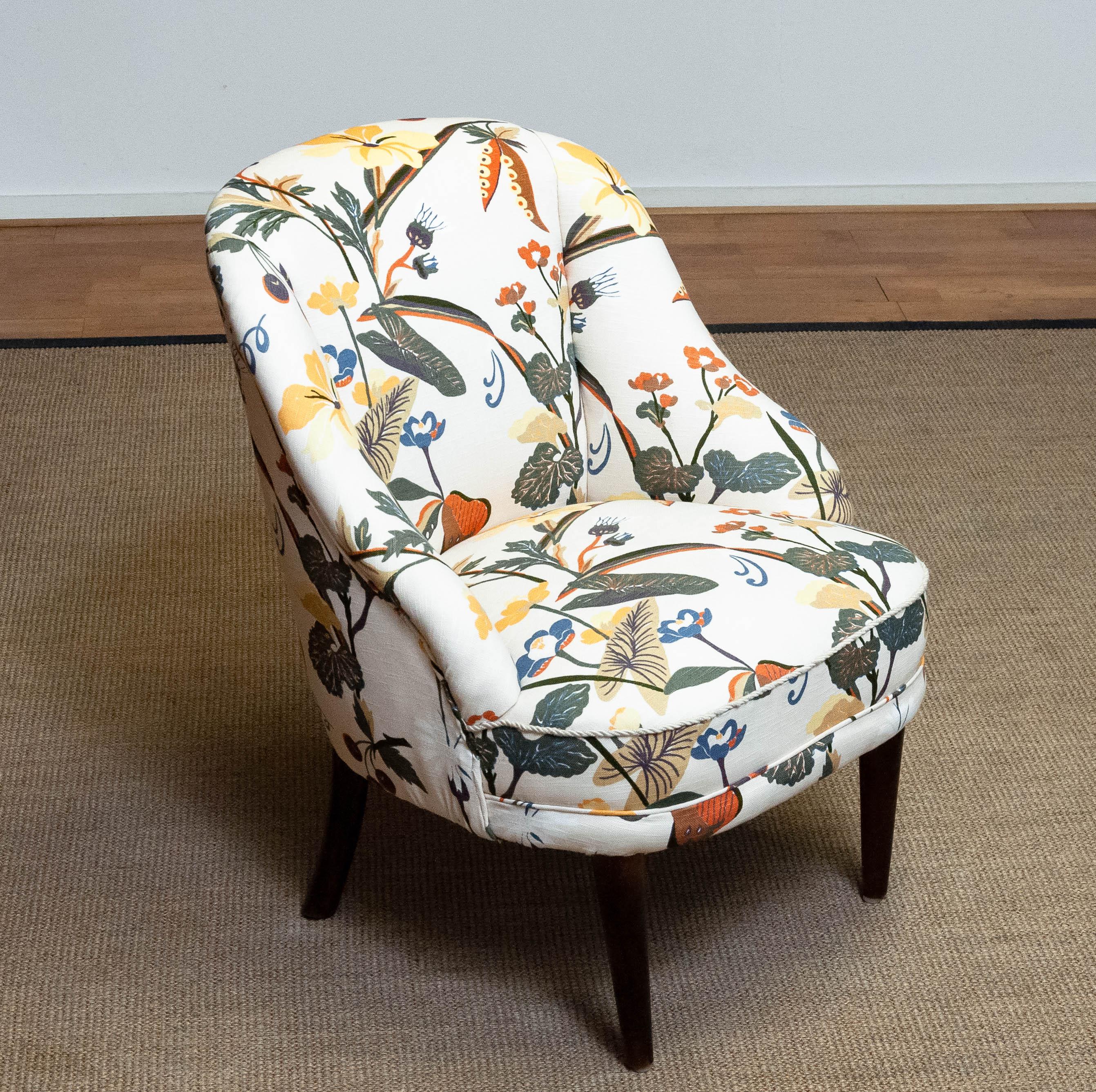 Mid-Century Modern '40s Floral Printed Linen, J. Frank Style, New Upholstered Danish Slipper Chair For Sale