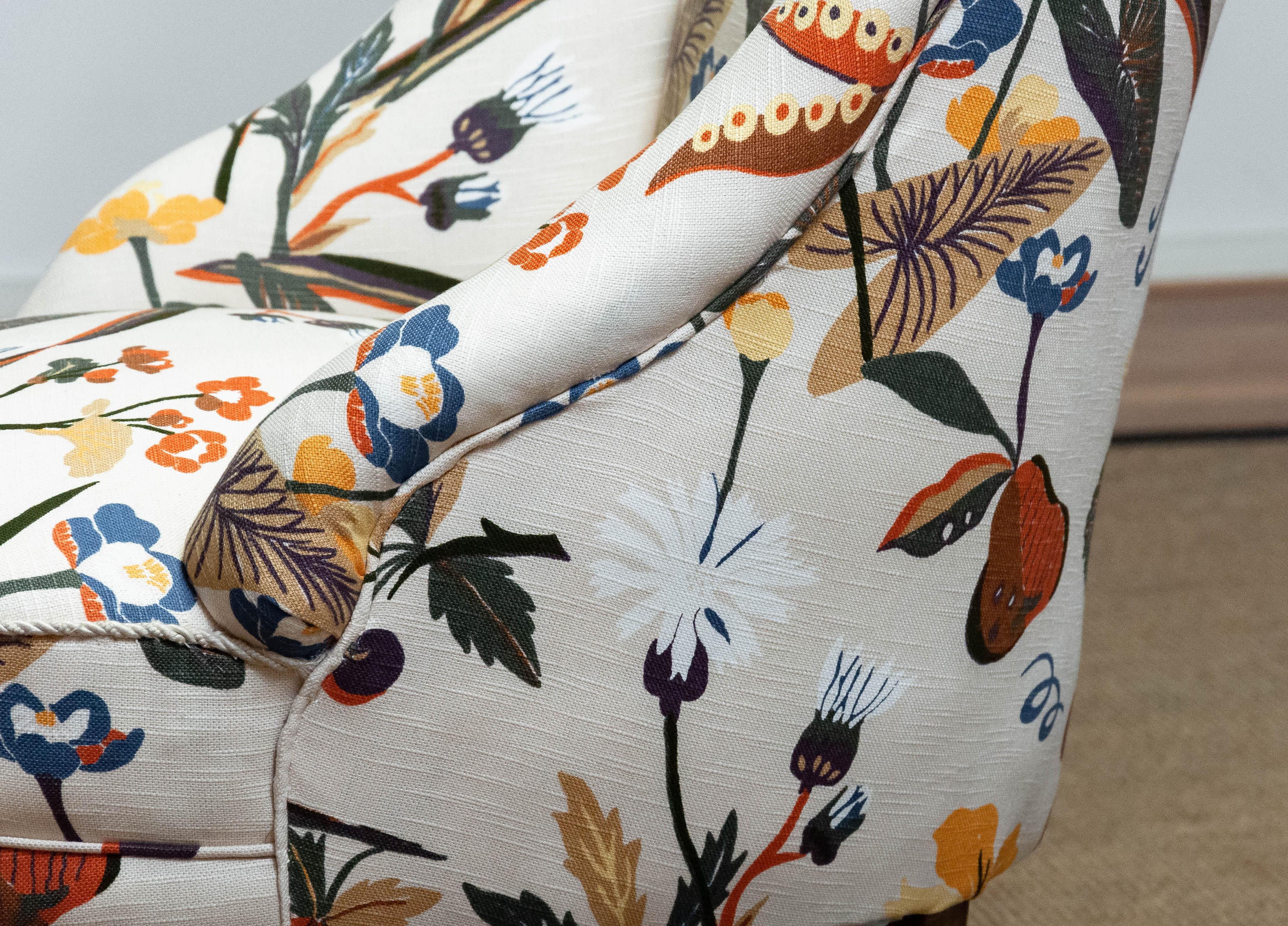 Mid-20th Century '40s Floral Printed Linen, J. Frank Style, New Upholstered Danish Slipper Chair For Sale