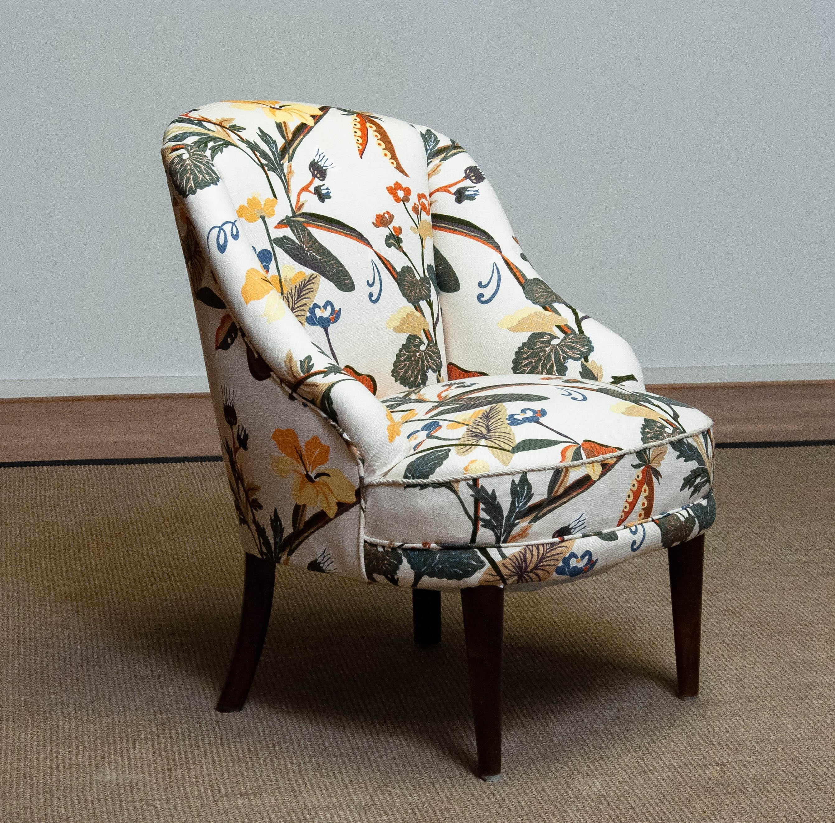 1940s Floral Printed Linen, J. Frank Style, New Upholstered Danish Slipper Chair For Sale 2