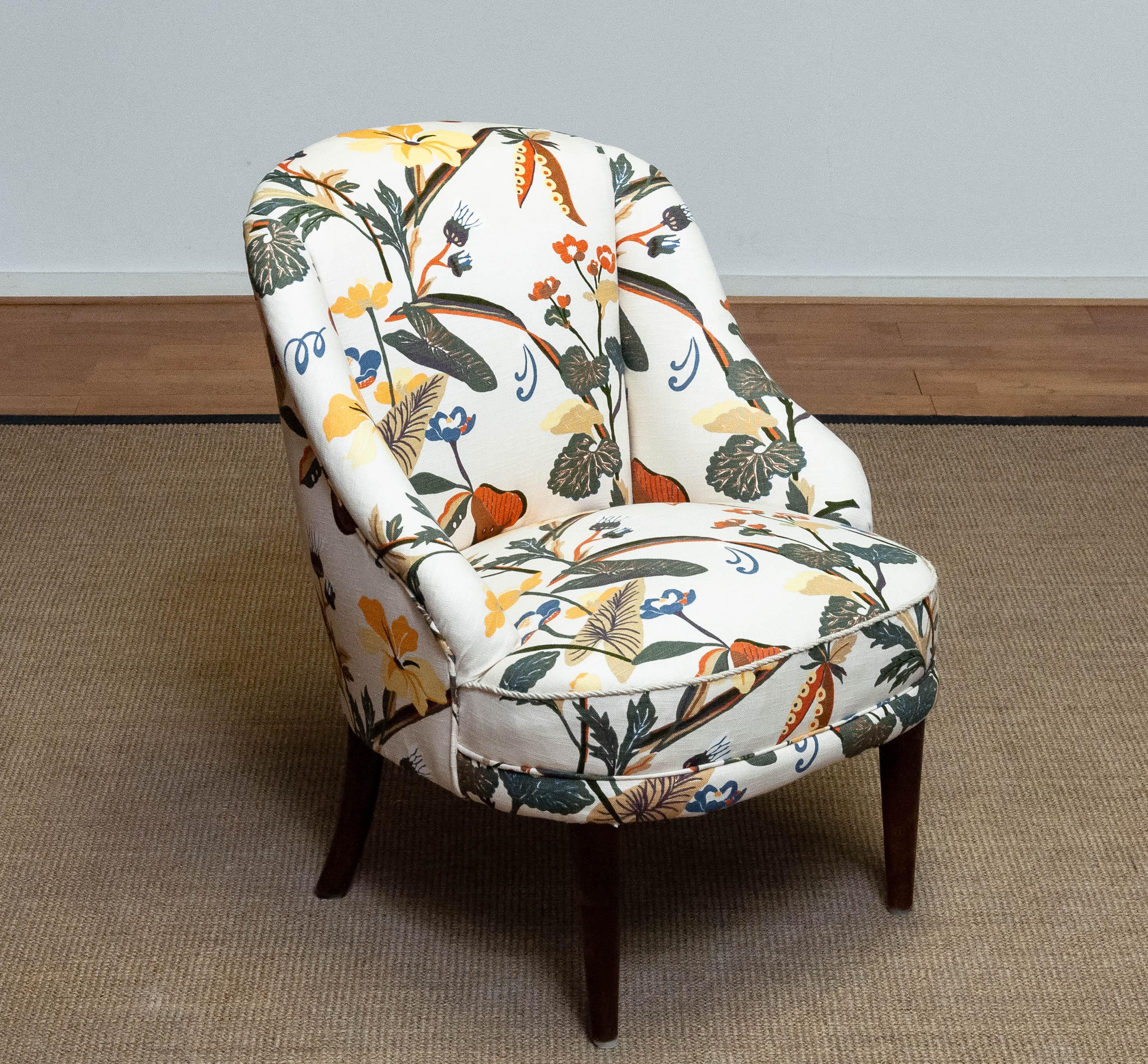 1940s Floral Printed Linen, J. Frank Style, New Upholstered Danish Slipper Chair For Sale 3