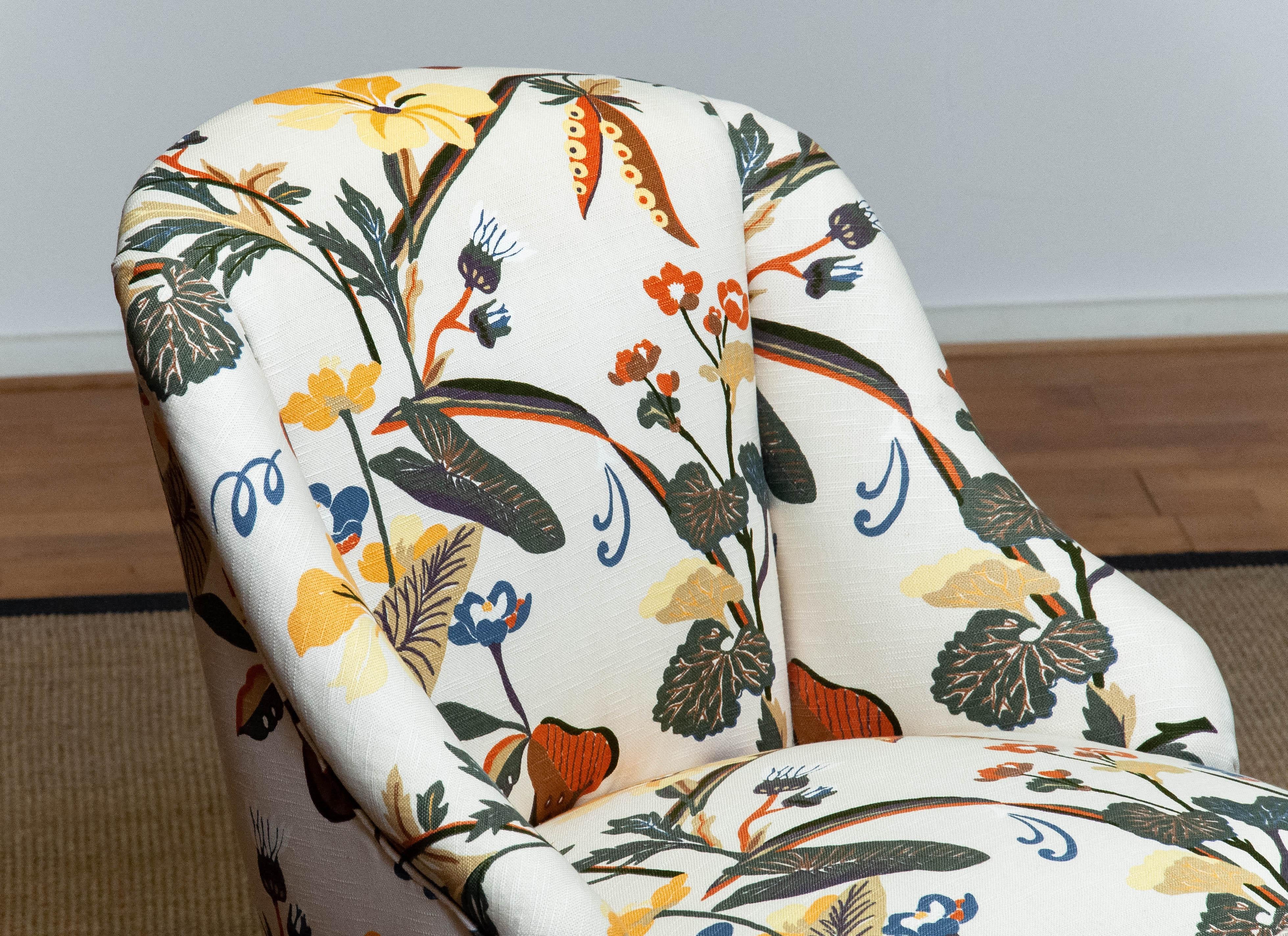 1940s Floral Printed Linen, J. Frank Style, New Upholstered Danish Slipper Chair For Sale 4