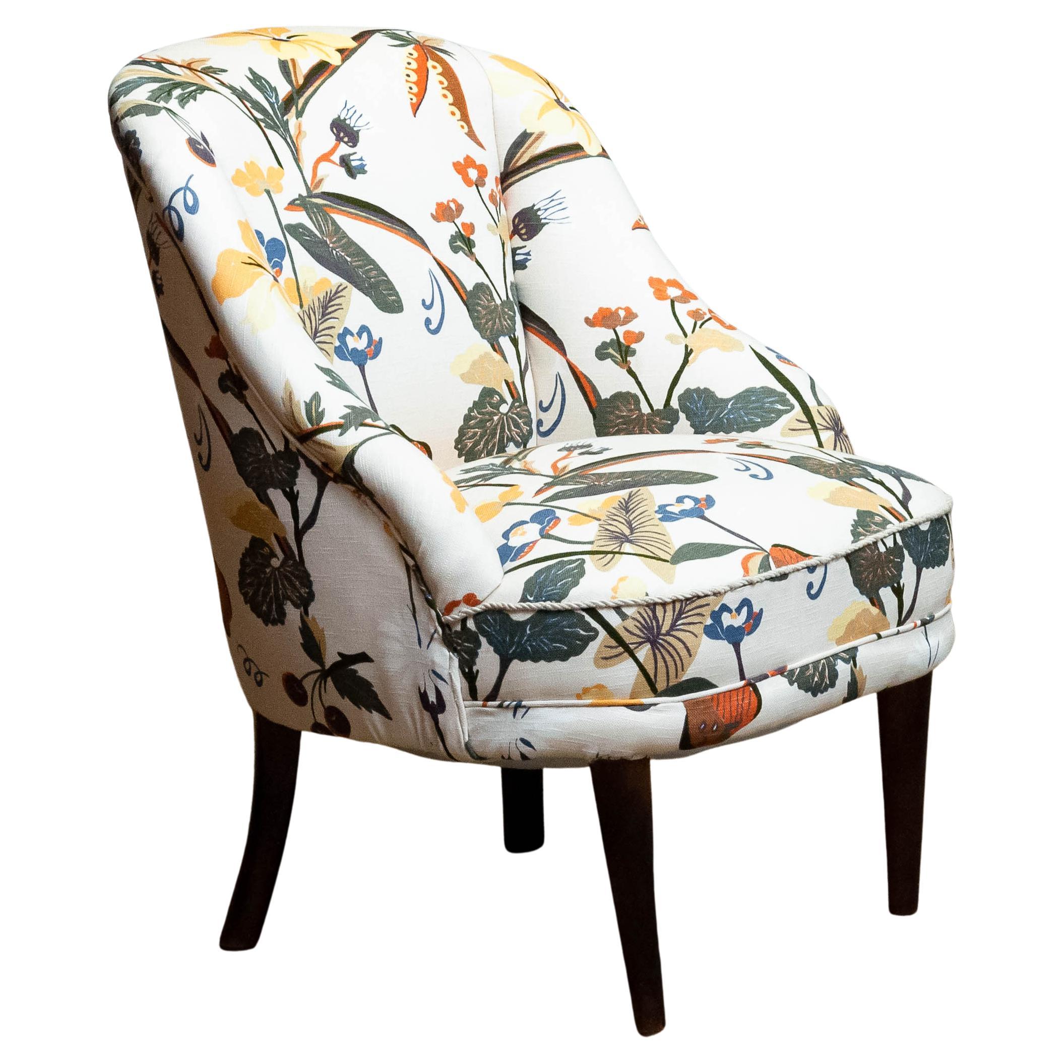 '40s Floral Printed Linen, J. Frank Style, New Upholstered Danish Slipper Chair For Sale