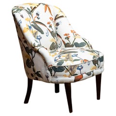'40s Floral Printed Linen, J. Frank Style, New Upholstered Danish Slipper Chair