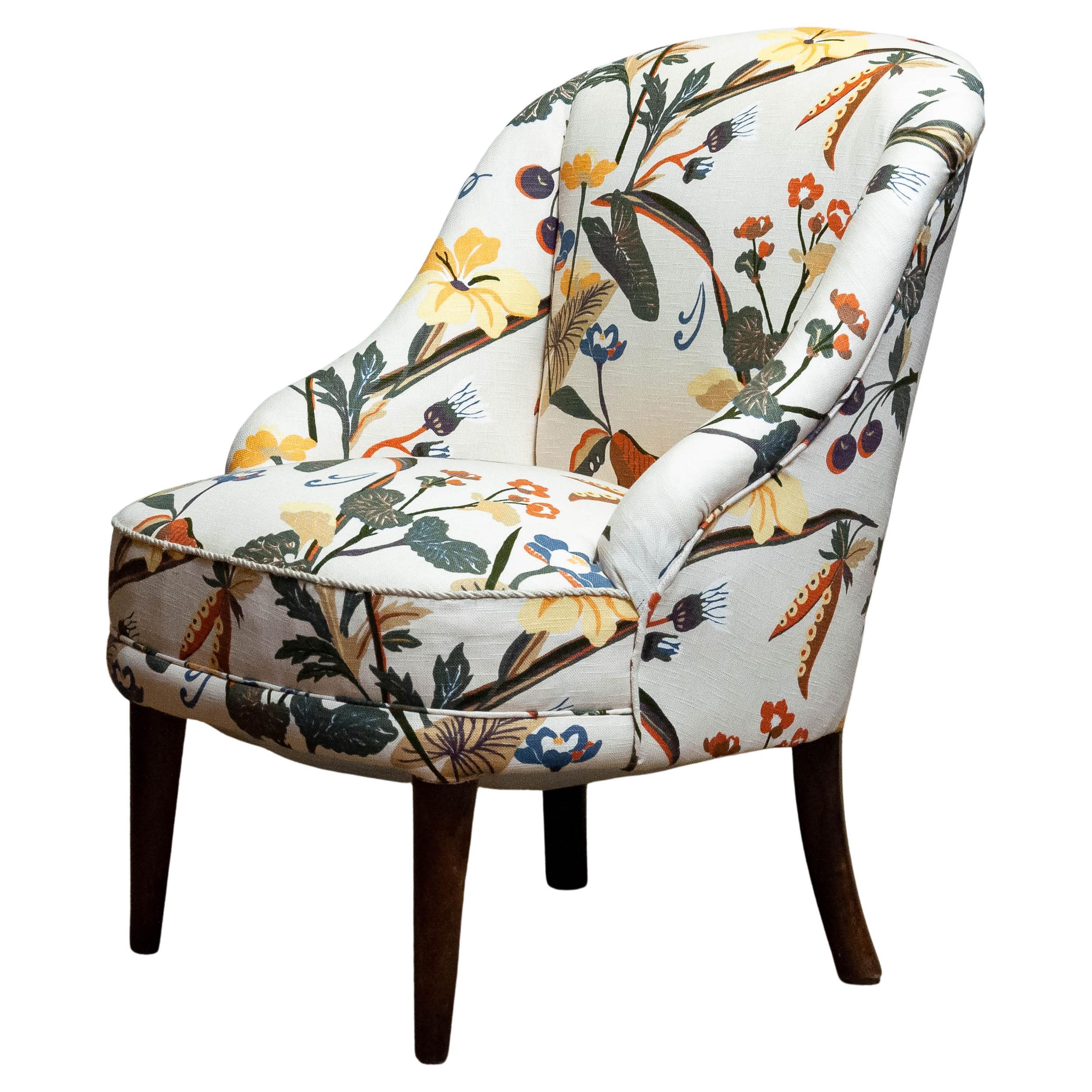 1940s Floral Printed Linen, J. Frank Style, New Upholstered Danish Slipper Chair