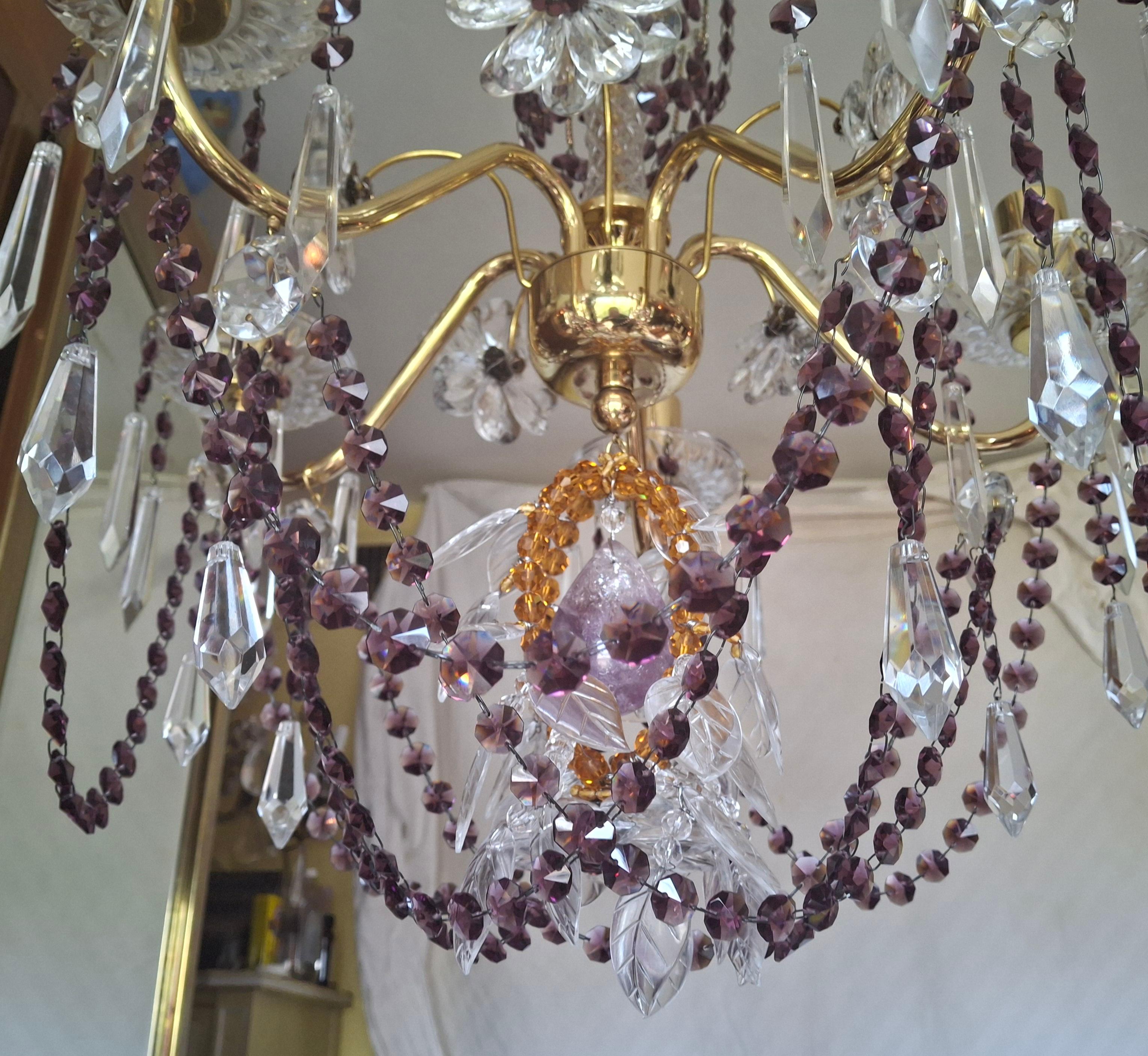 40s Hollywood Regency 24K Gold w/ Amethyst/ Amber/ Rock Crystal Chandelier Palwa For Sale 6