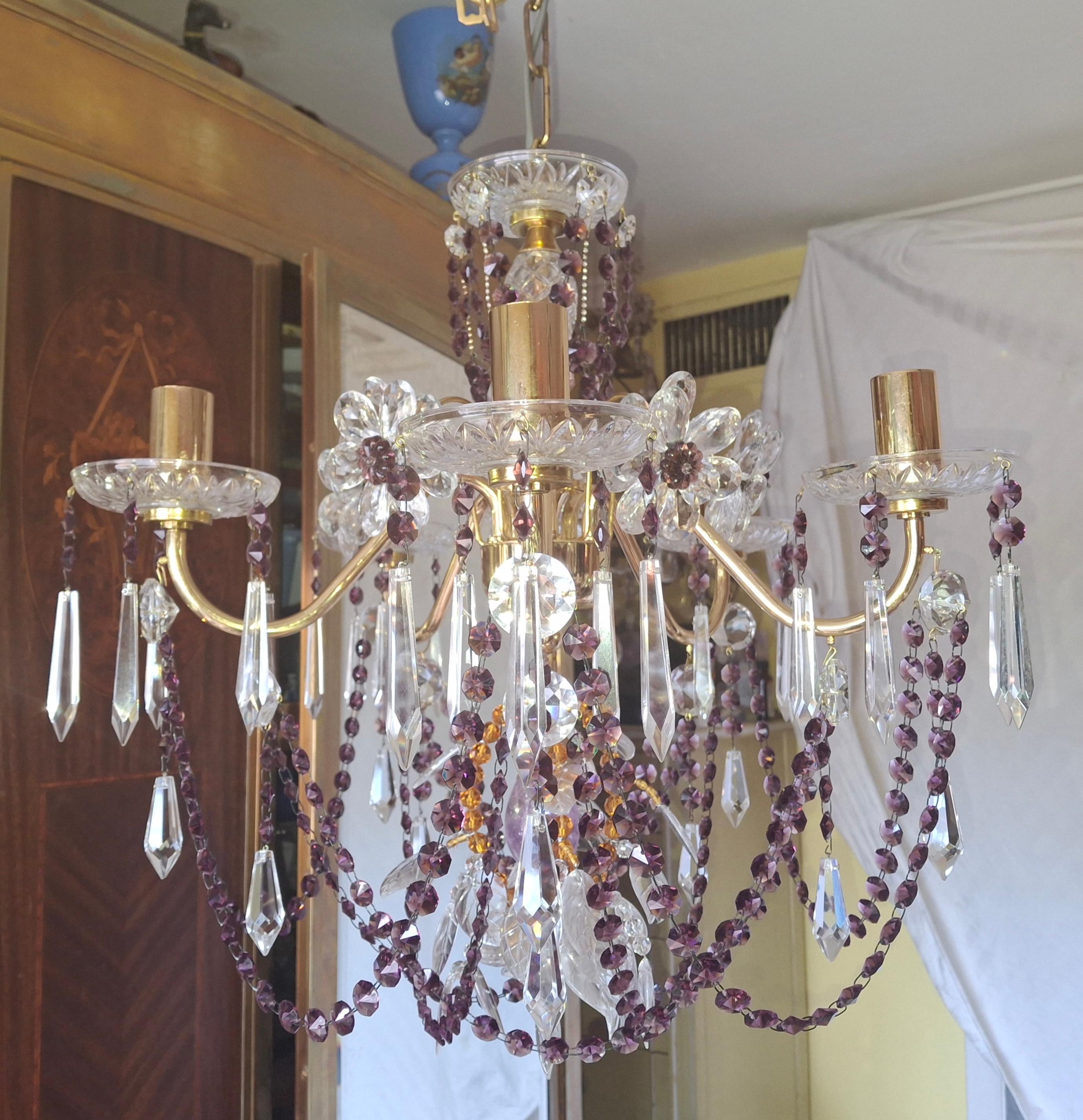 40s Hollywood Regency 24K Gold w/ Amethyst/ Amber/ Rock Crystal Chandelier Palwa For Sale 9