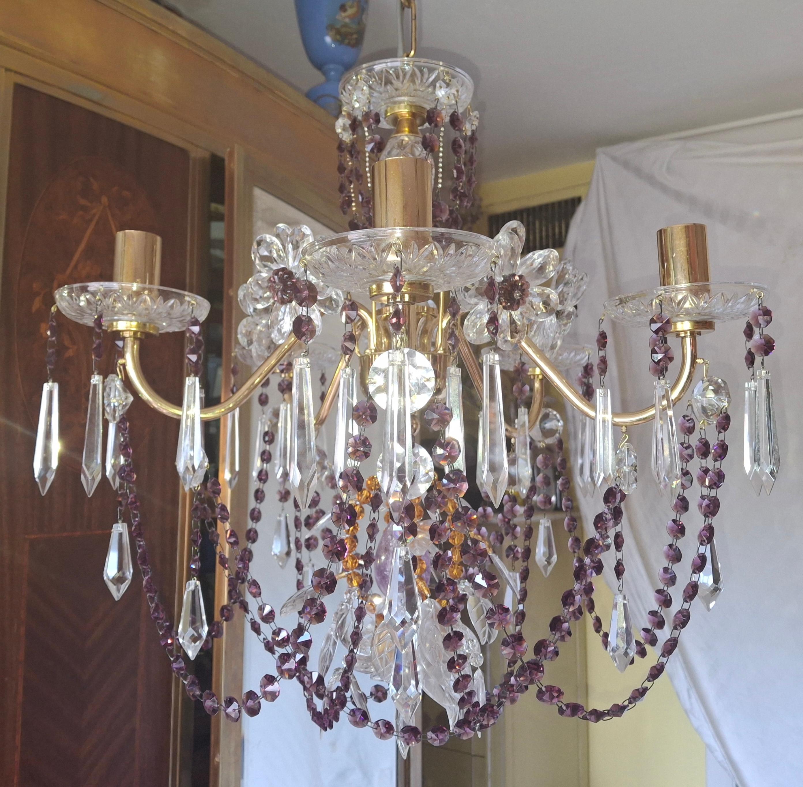 Austrian 40s Hollywood Regency 24K Gold w/ Amethyst/ Amber/ Rock Crystal Chandelier Palwa For Sale