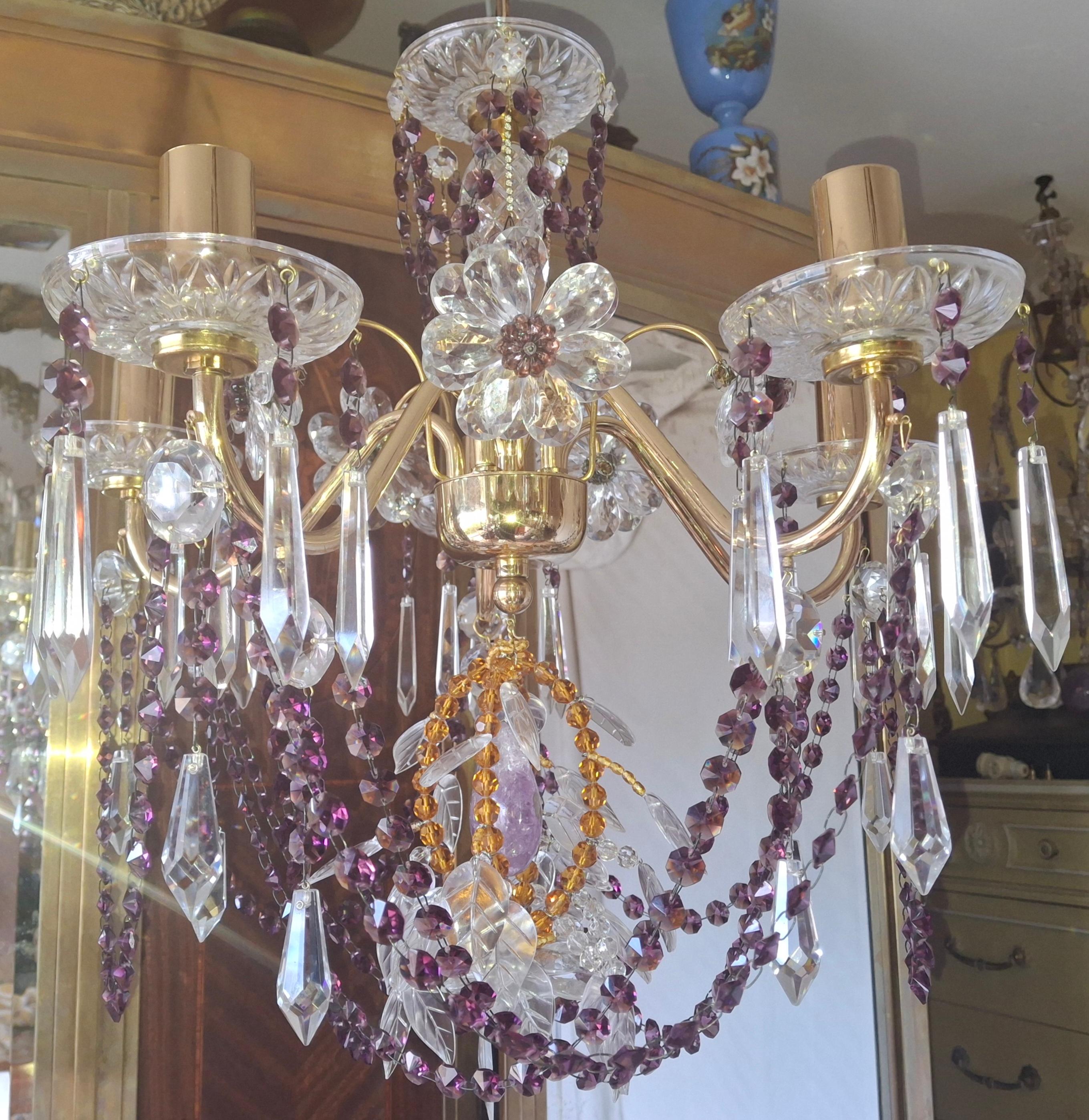 40s Hollywood Regency 24K Gold w/ Amethyst/ Amber/ Rock Crystal Chandelier Palwa For Sale 11