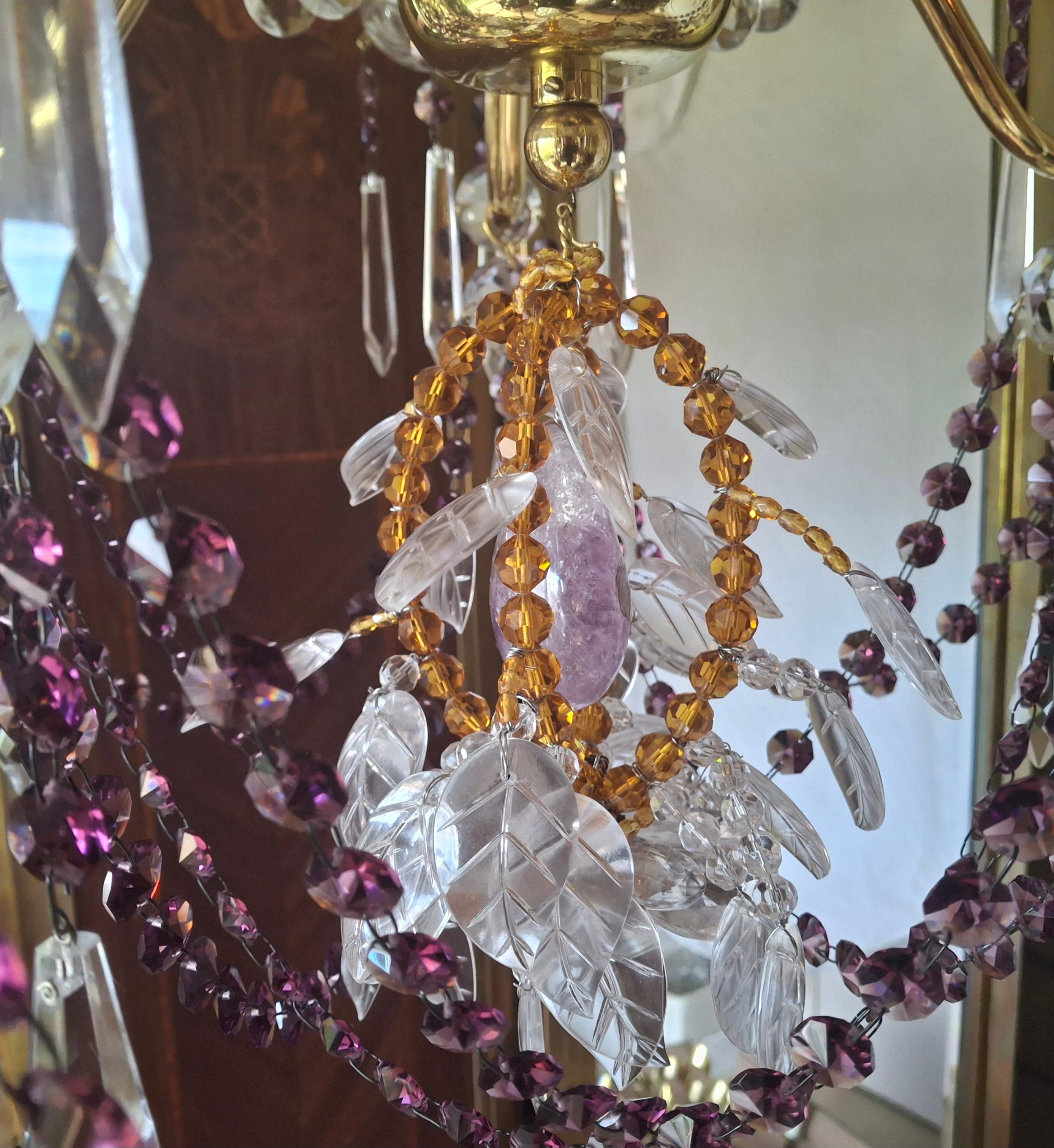 40s Hollywood Regency 24K Gold w/ Amethyst/ Amber/ Rock Crystal Chandelier Palwa For Sale 12