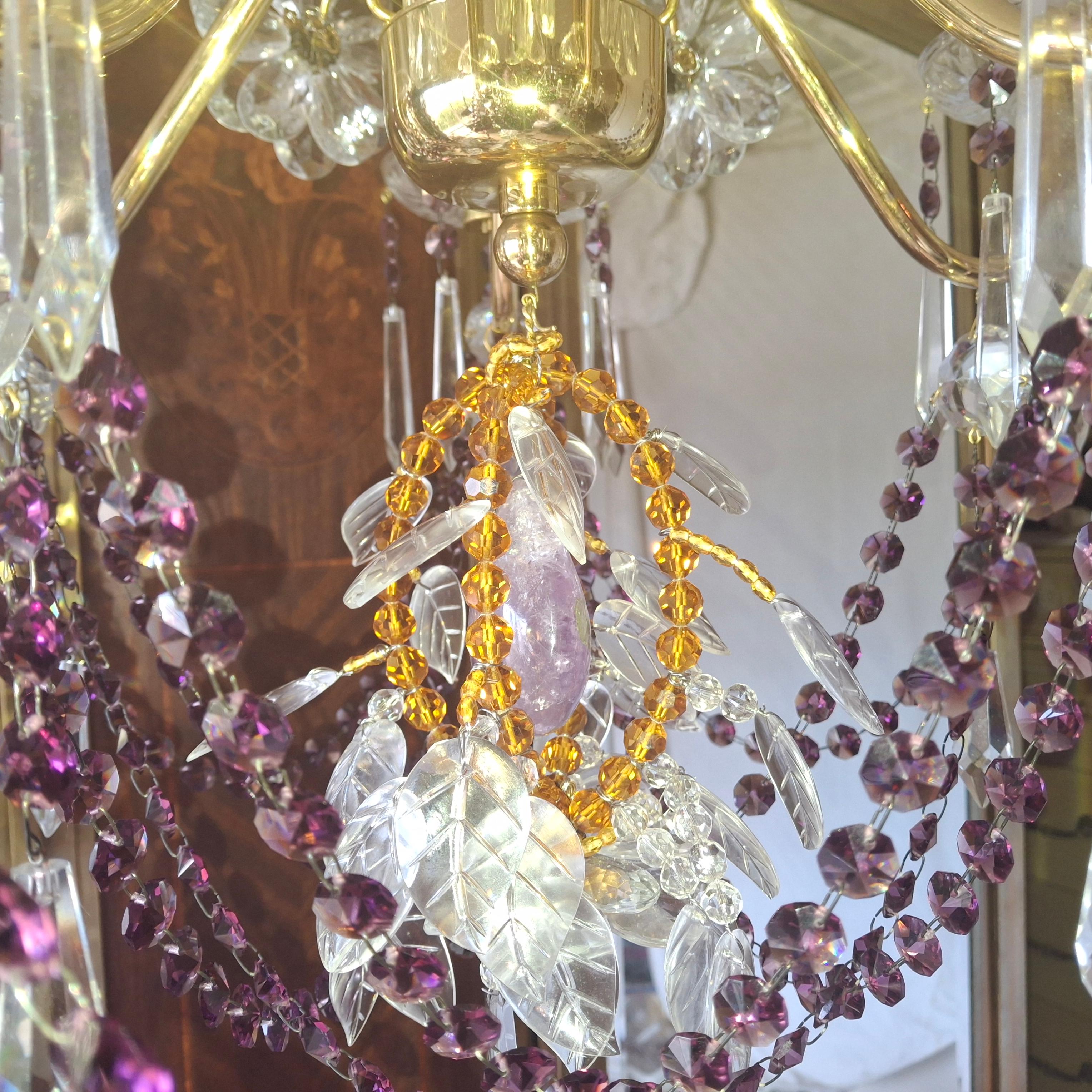 40s Hollywood Regency 24K Gold w/ Amethyst/ Amber/ Rock Crystal Chandelier Palwa For Sale 13