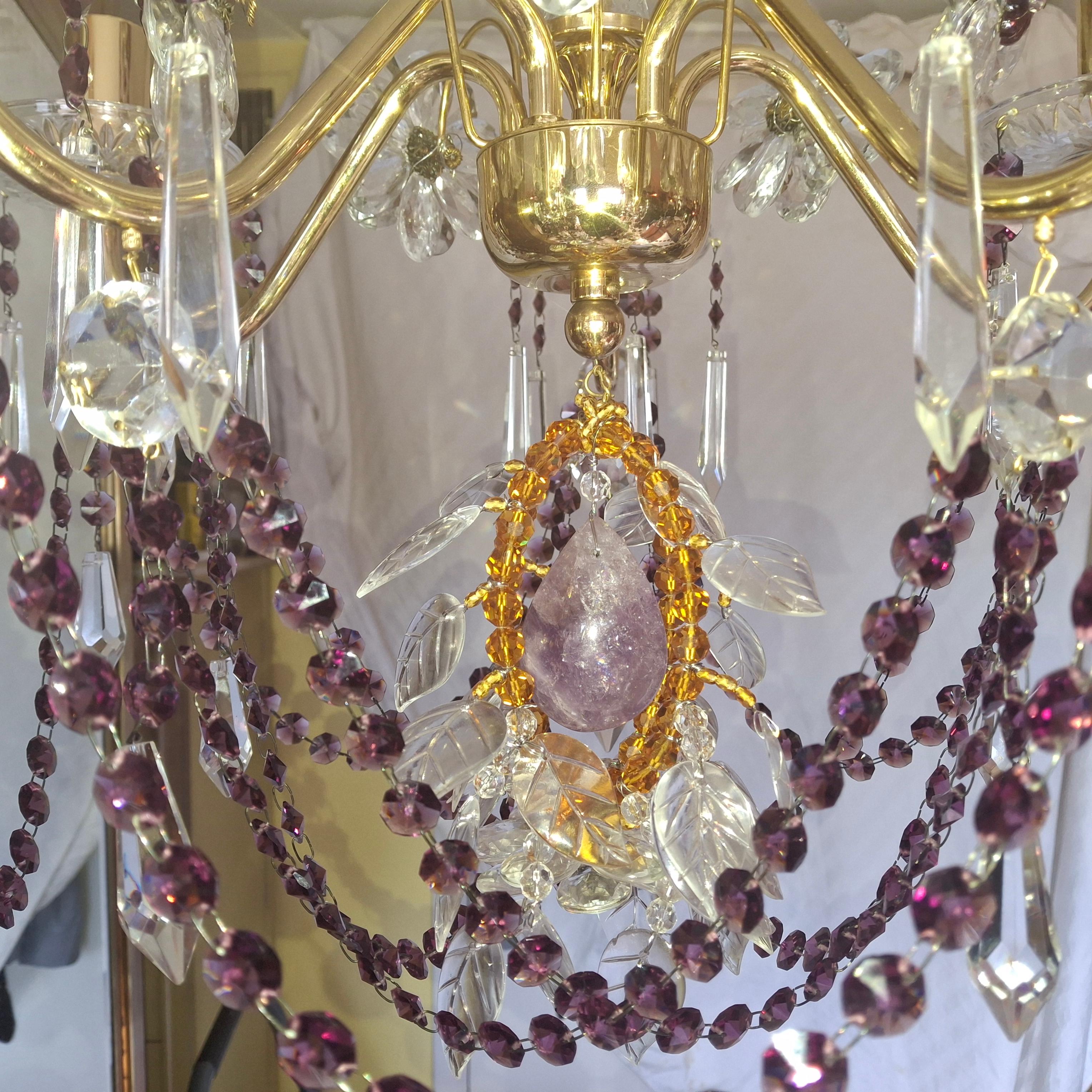 40s Hollywood Regency 24K Gold w/ Amethyst/ Amber/ Rock Crystal Chandelier Palwa For Sale 14