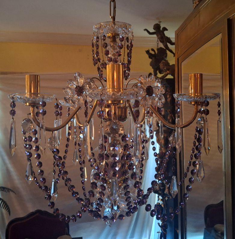 Lampadario Hollywood Regency anni '40 in oro 24K con ametista, ambra e cristallo di rocca Palwa in vendita 13