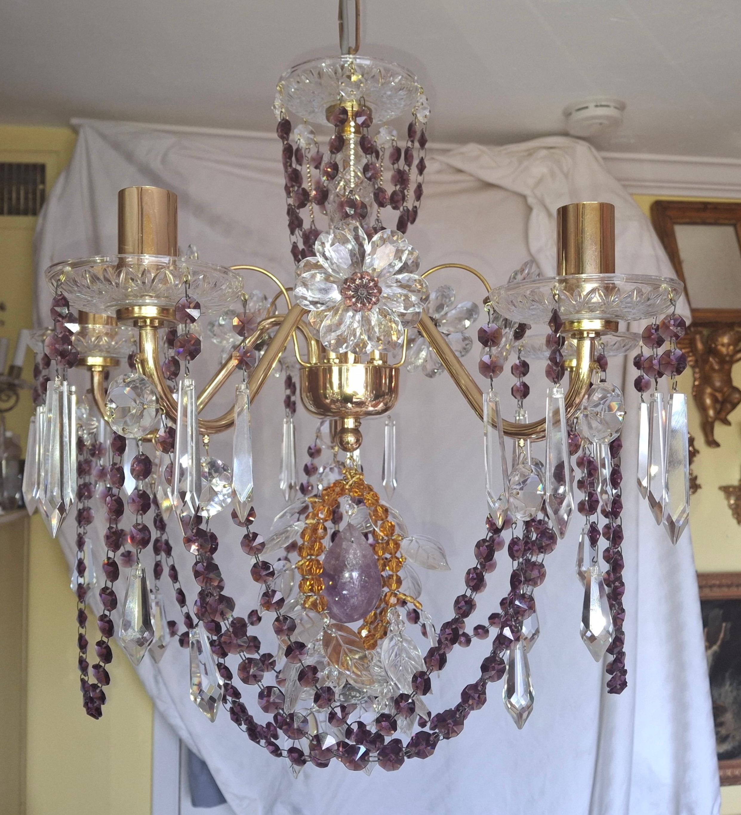 1940's Hollywood Regency Grand 24K Gold Plated Frame with Amethyst Strass Cut Crystal/ Amber Cut Crystal/ Amethyst Rock Crystal Floral Form Chandelier by Palwa. We think this is a custom piece as it is grand in every way. No expense spared in the