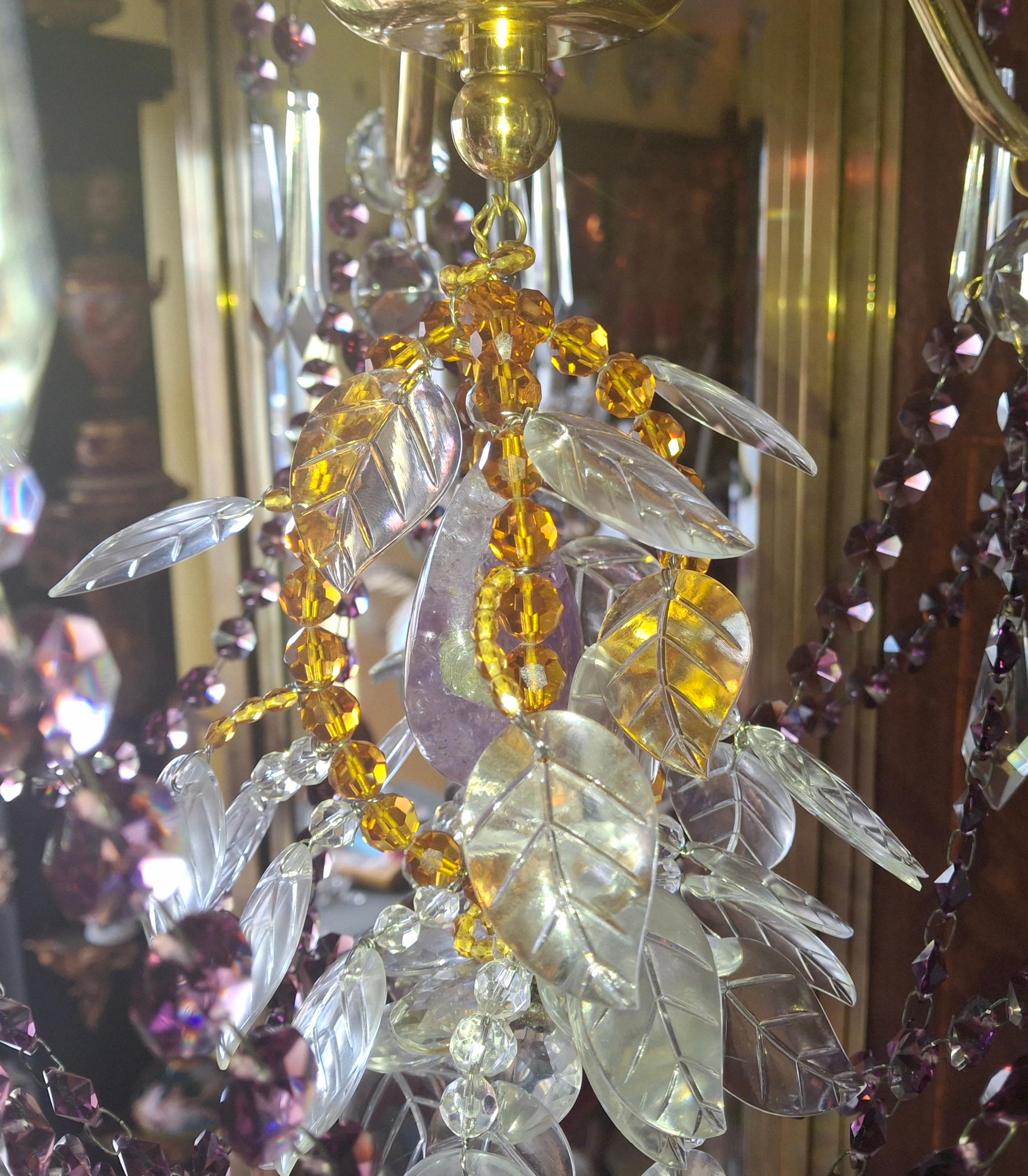 40s Hollywood Regency 24K Gold w/ Amethyst/ Amber/ Rock Crystal Chandelier Palwa For Sale 15