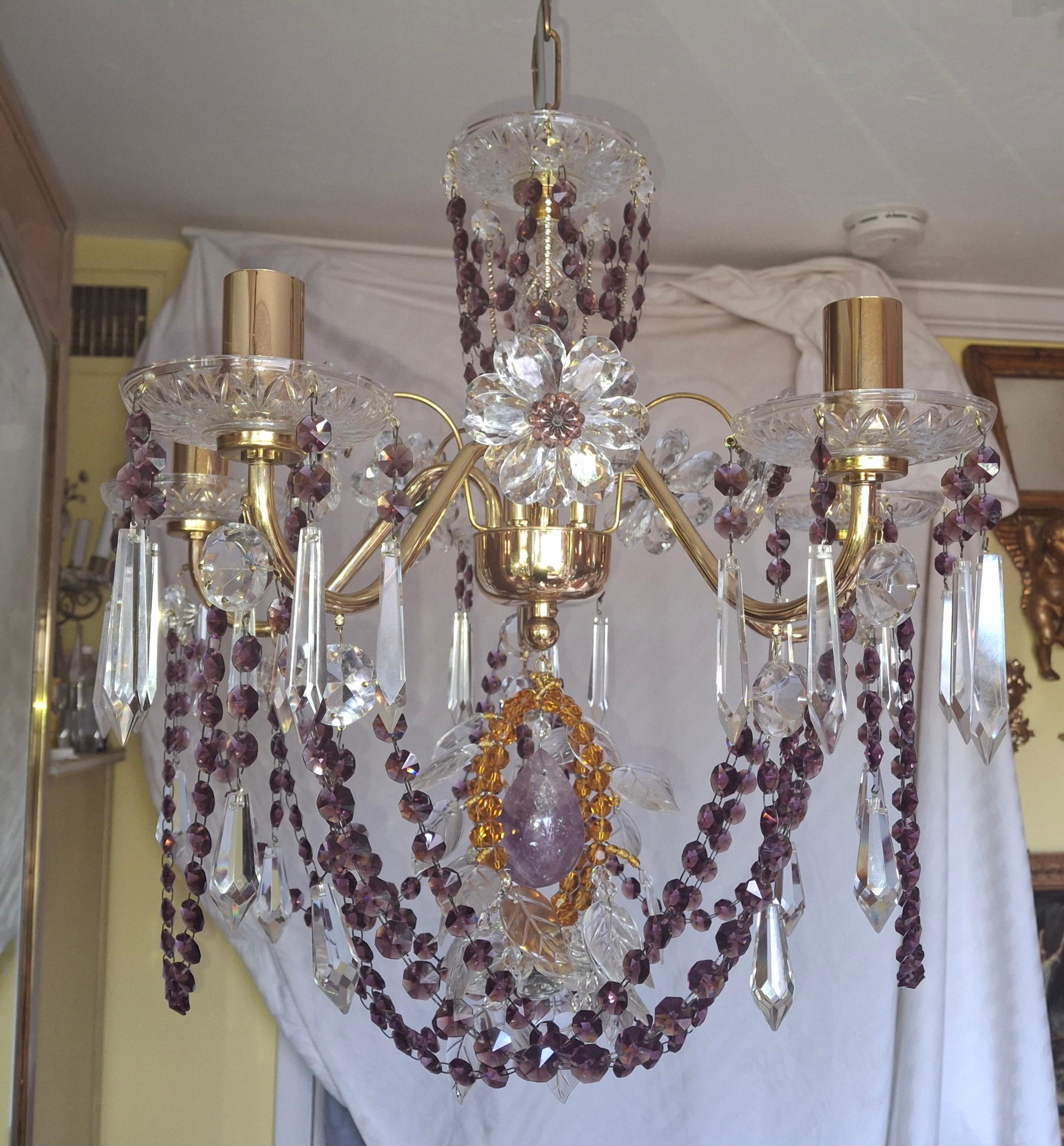 40s Hollywood Regency 24K Gold w/ Amethyst/ Amber/ Rock Crystal Chandelier Palwa In Good Condition For Sale In Opa Locka, FL