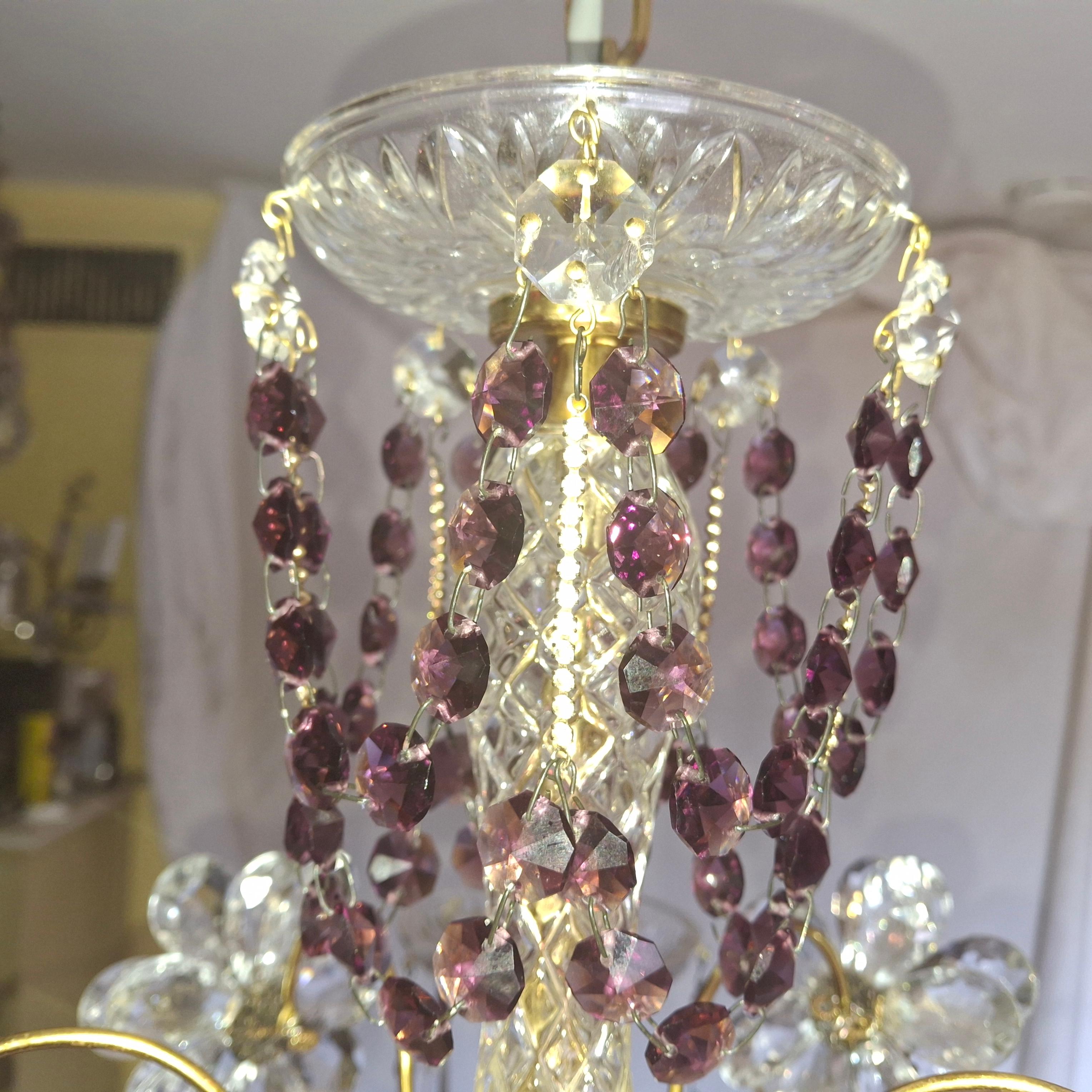 Mid-20th Century 40s Hollywood Regency 24K Gold w/ Amethyst/ Amber/ Rock Crystal Chandelier Palwa For Sale