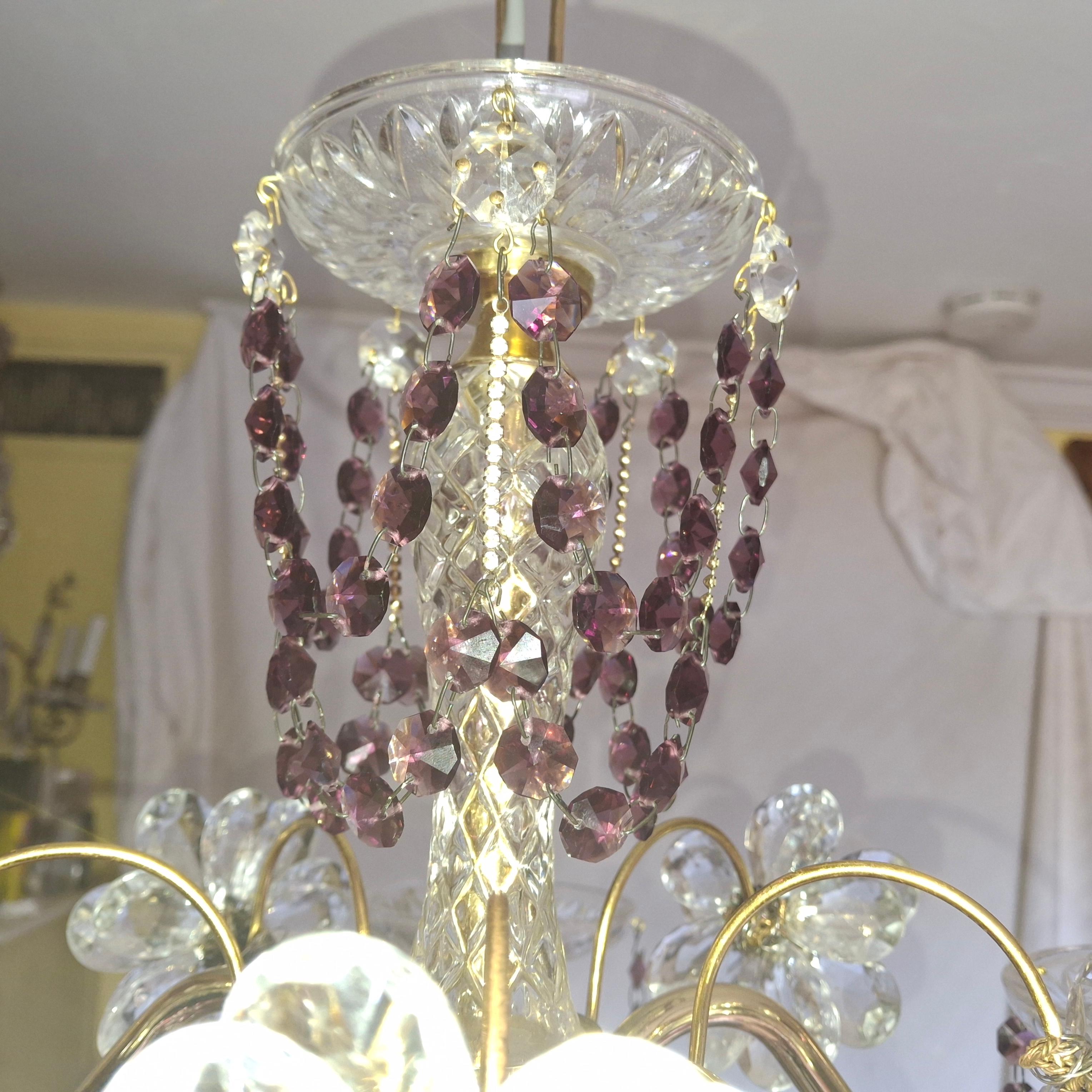 40s Hollywood Regency 24K Gold w/ Amethyst/ Amber/ Rock Crystal Chandelier Palwa For Sale 1