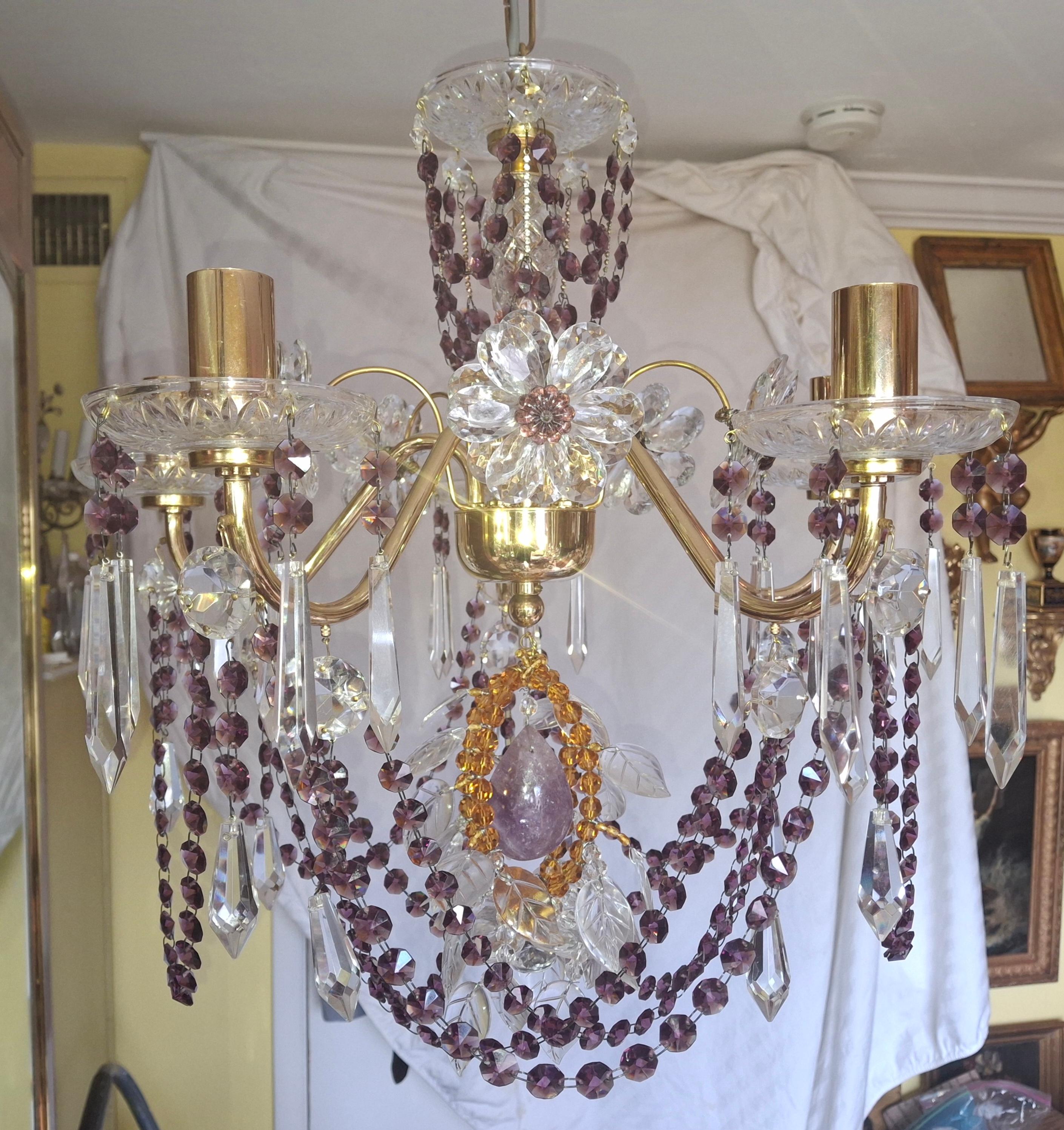 40s Hollywood Regency 24K Gold w/ Amethyst/ Amber/ Rock Crystal Chandelier Palwa For Sale 2