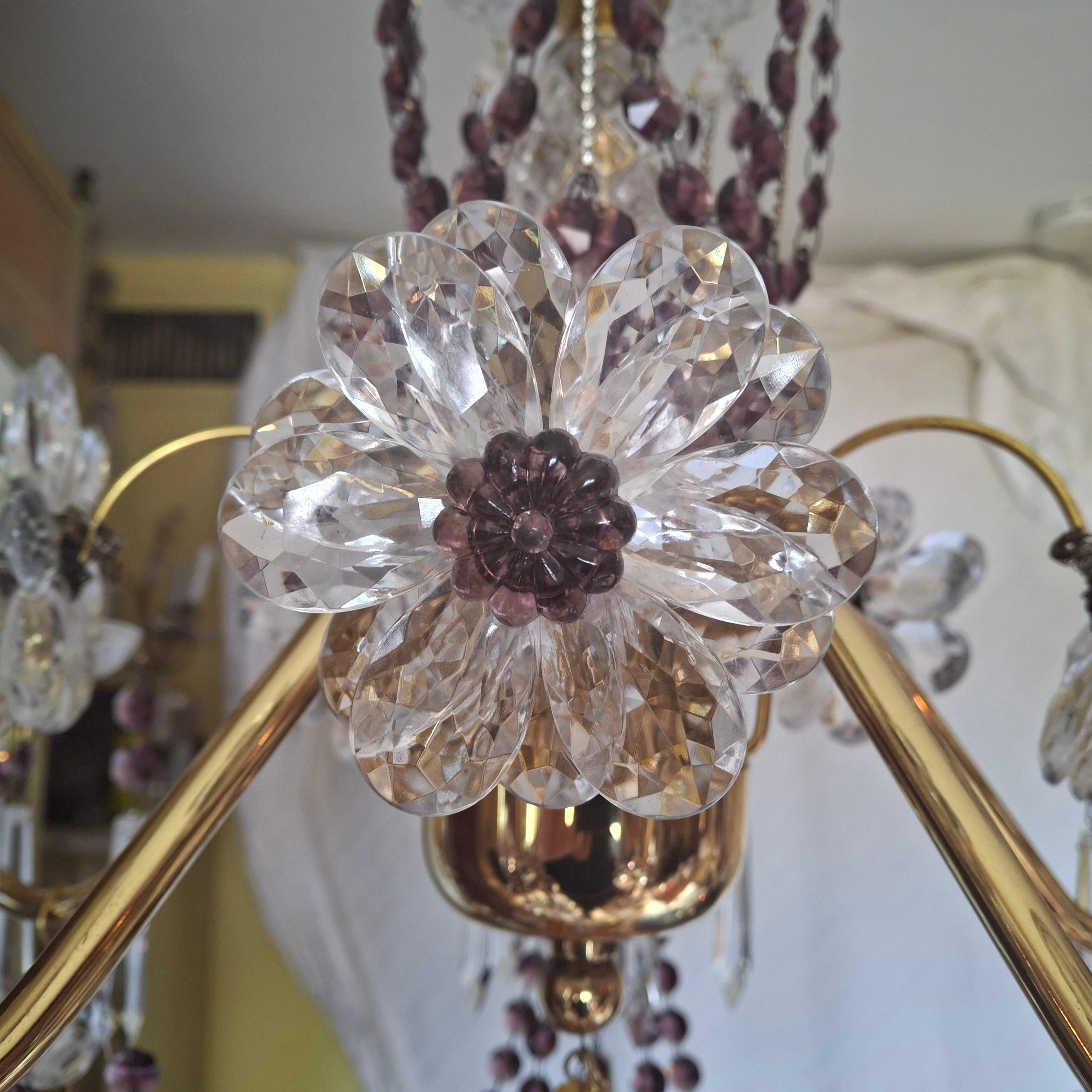 40s Hollywood Regency 24K Gold w/ Amethyst/ Amber/ Rock Crystal Chandelier Palwa For Sale 3