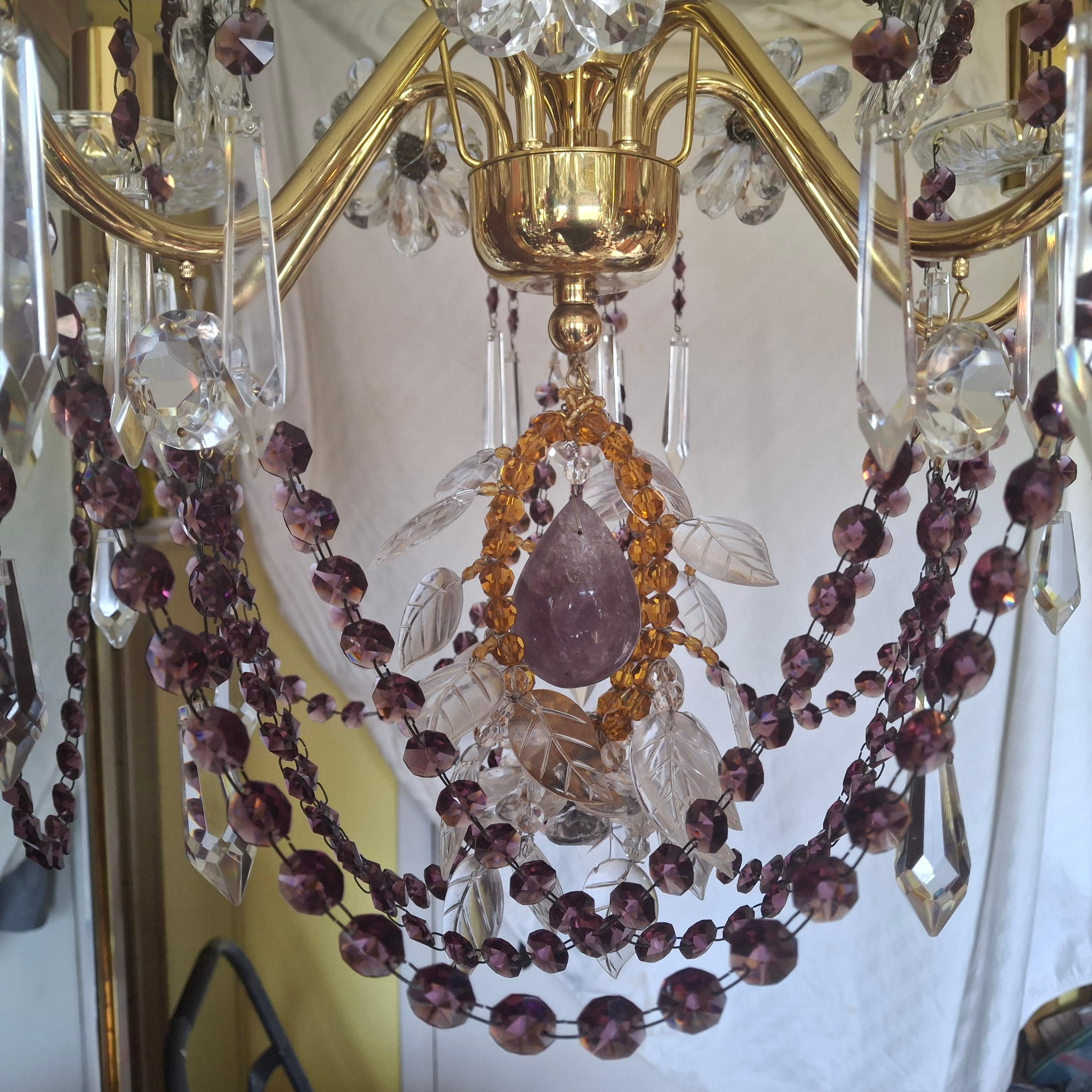 40s Hollywood Regency 24K Gold w/ Amethyst/ Amber/ Rock Crystal Chandelier Palwa For Sale 4
