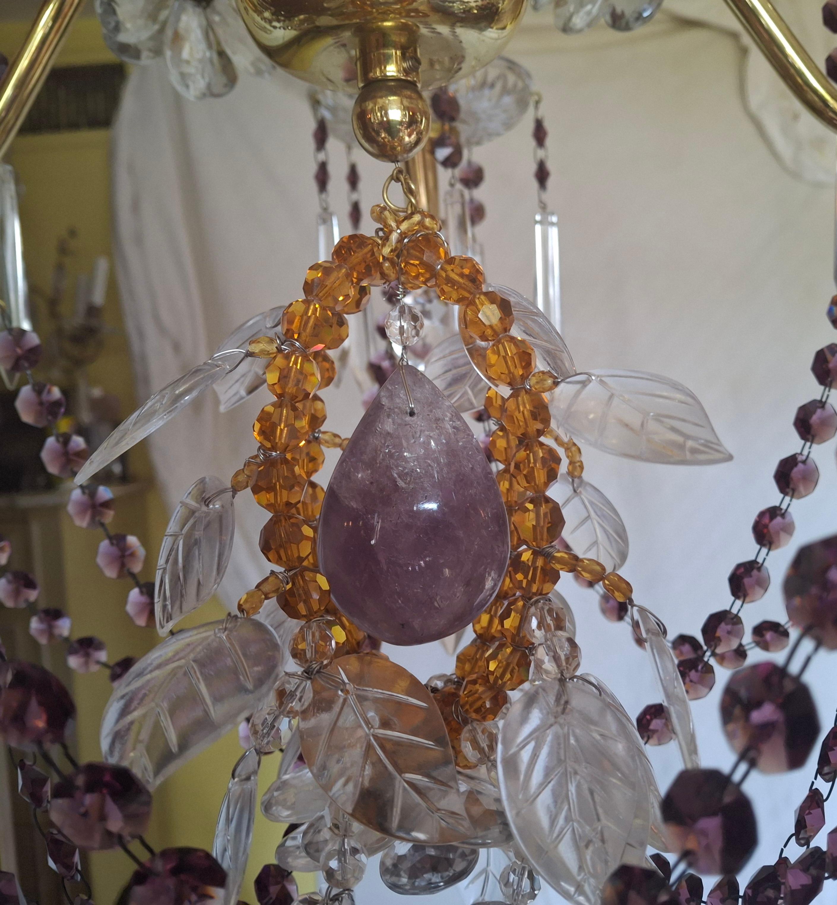 40s Hollywood Regency 24K Gold w/ Amethyst/ Amber/ Rock Crystal Chandelier Palwa For Sale 5