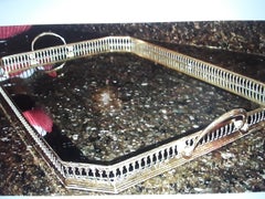 40s Hollywood Regency attrib Bagues Solid Brass Frame Mirror Insert Serving Tray