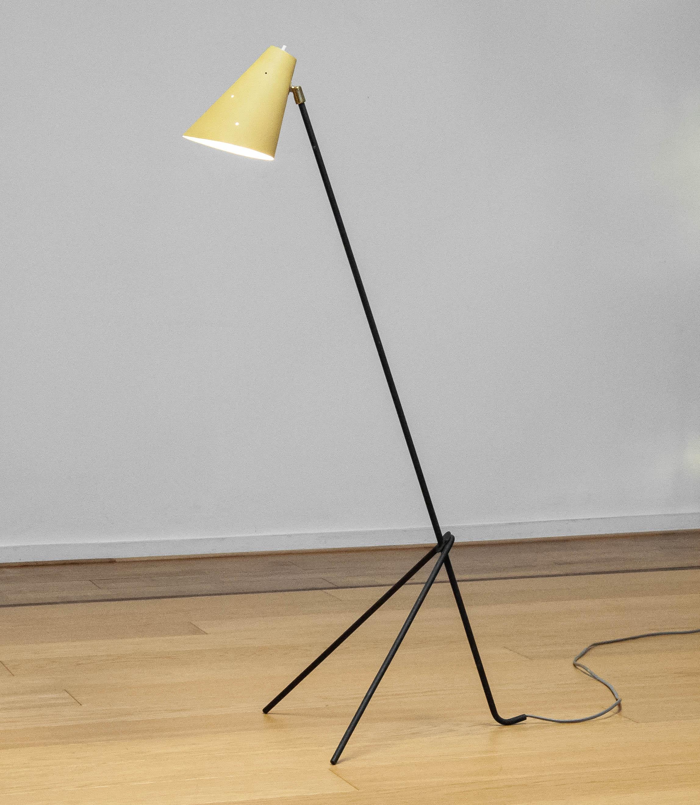 Beautiful early mid-century reading lamp in the famous grasshopper or giraffe model.  Numbered: B-7401.
The tubular metal frame is lacquered with black hammer paint and the zinc shade is vanilla. The shade is perforated what gives the lamp a