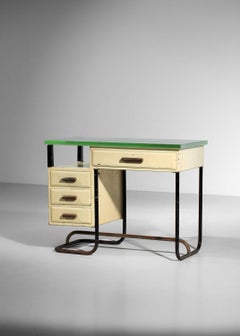 40's modernist desk in lacquered metal and Saint Gobain glass H428