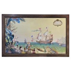 Vintage 40s Painting, Decorativeart, French, Oil on Canvas, "The discovery of Antilles"