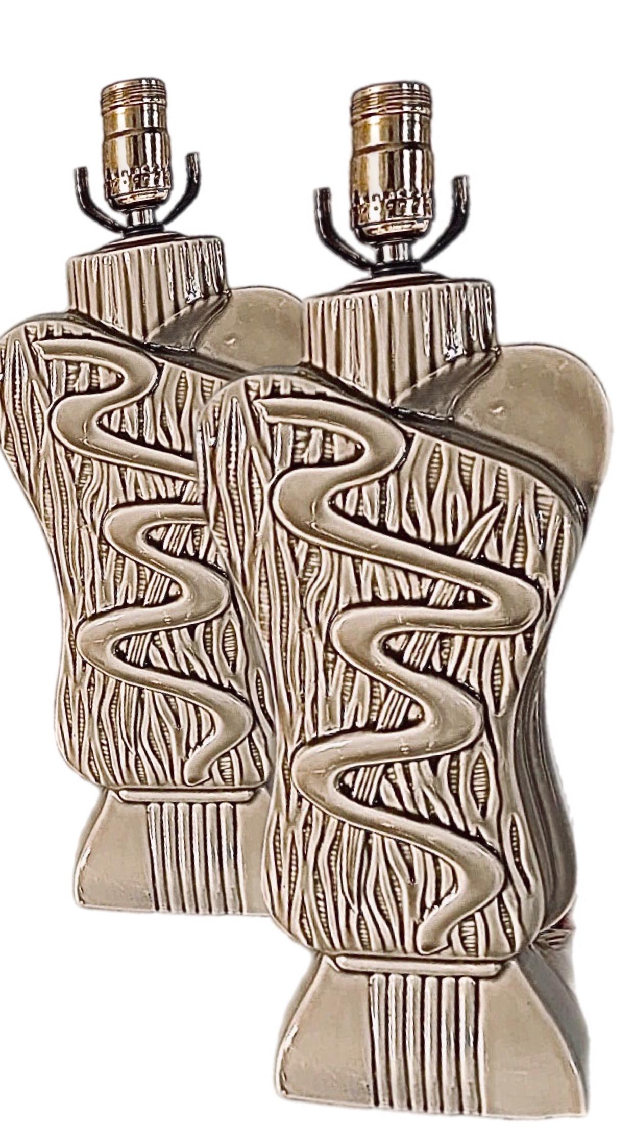 40s Pair Phil-Mar Style Art Deco Mid Century Modern Abstract Ceramic Table Lamps For Sale 4