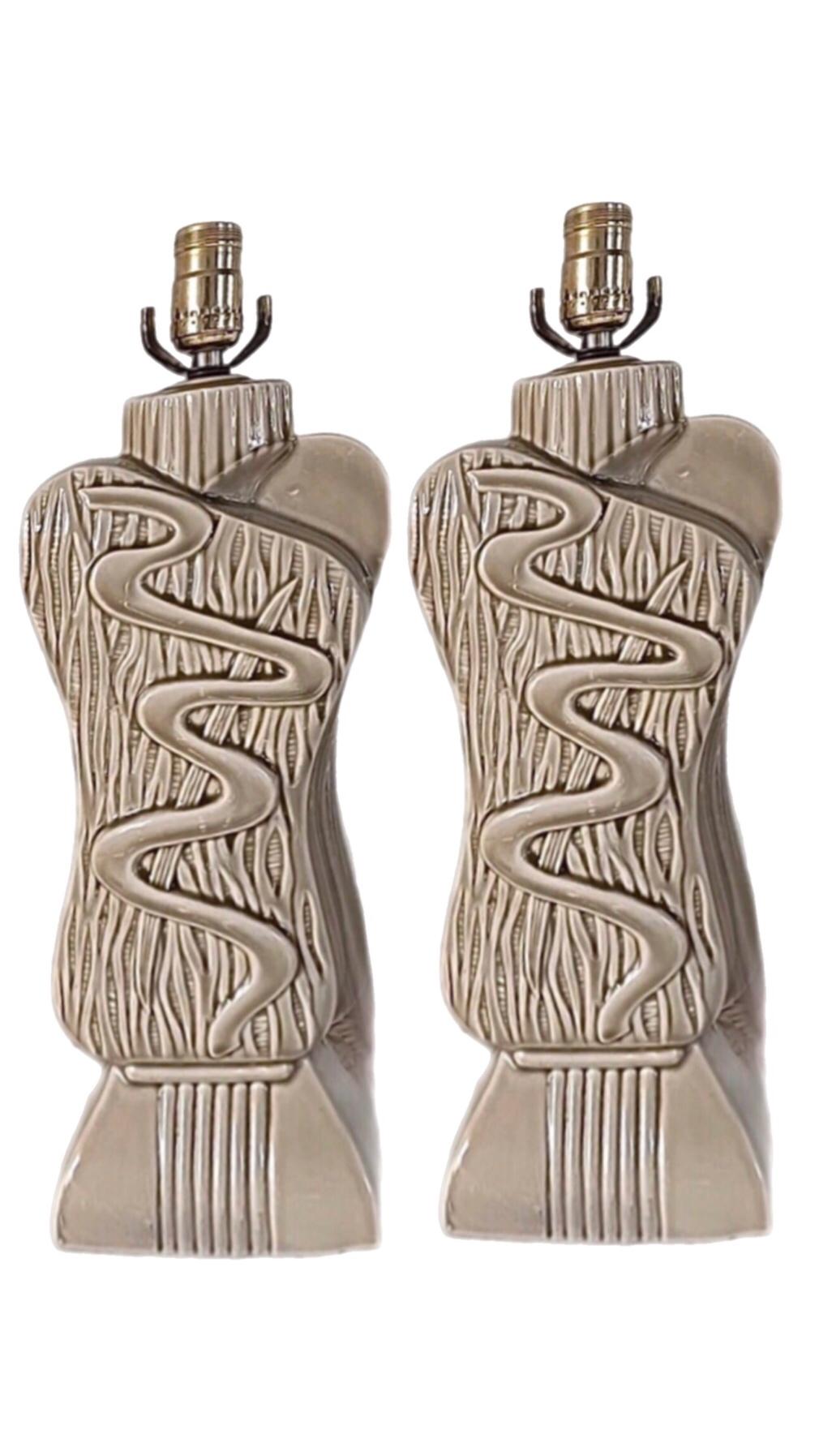 40s Pair Phil-Mar Style Art Deco Mid Century Modern Abstract Ceramic Table Lamps For Sale 9