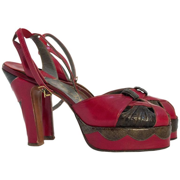 Brown 40s Red Leather and Snakeskin Platforms 