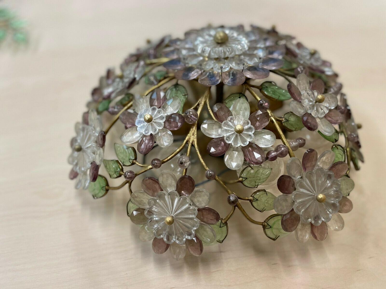 Hollywood Regency 40s Regency Cut Crystal Amethyst Flowers Bronze Vine Ceiling Flush Mount - Palwa For Sale