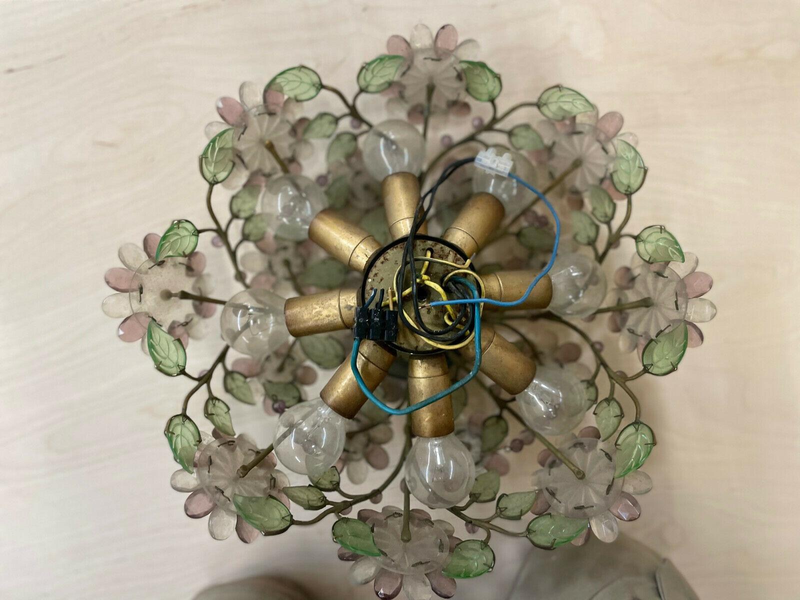 40s Regency Cut Crystal Amethyst Flowers Bronze Vine Ceiling Flush Mount - Palwa In Good Condition For Sale In Opa Locka, FL
