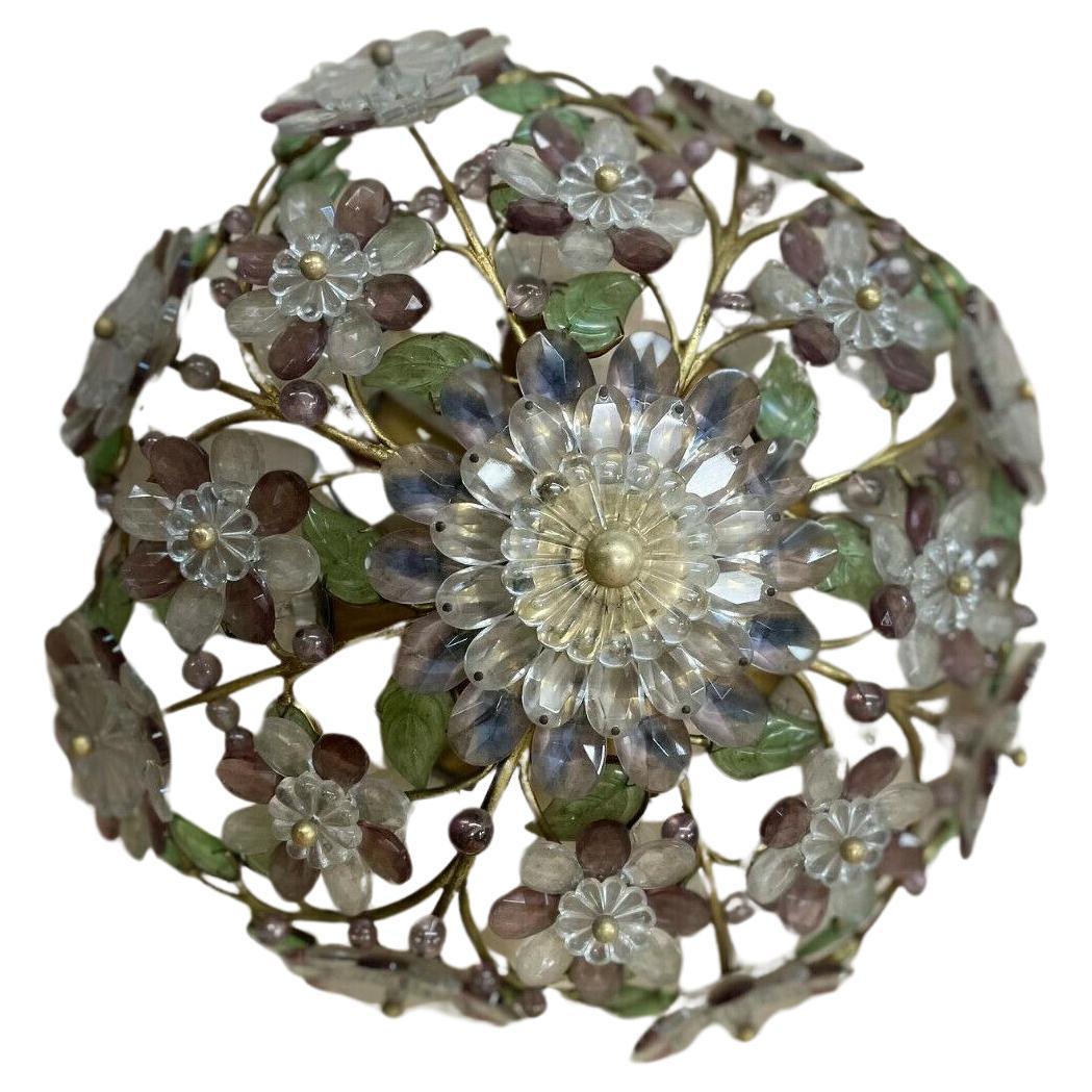 40s Regency Cut Crystal Amethyst Flowers Bronze Vine Ceiling Flush Mount - Palwa