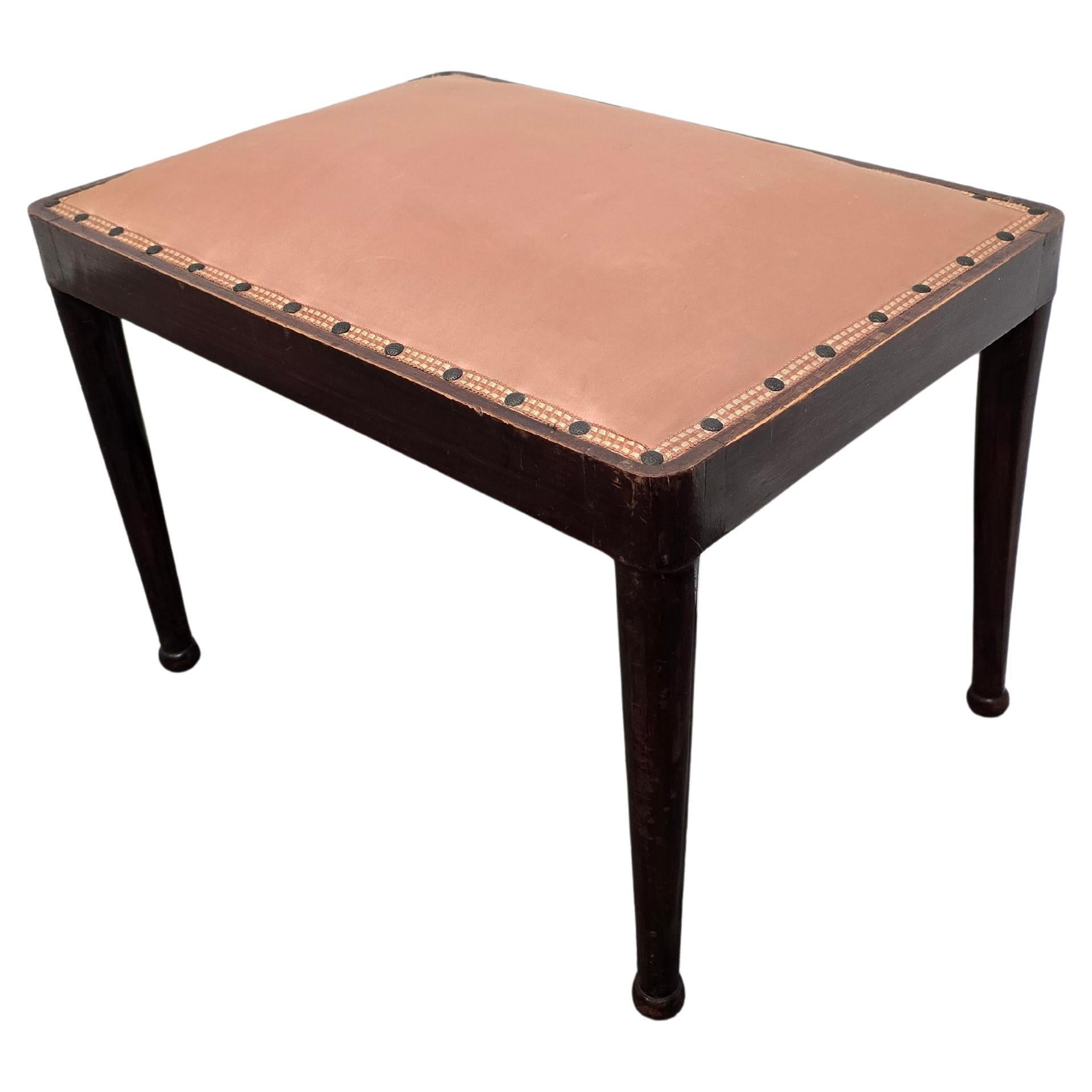 40s Vintage Wooden Ottoman with Silk Top 
Nailhead Trim For Sale