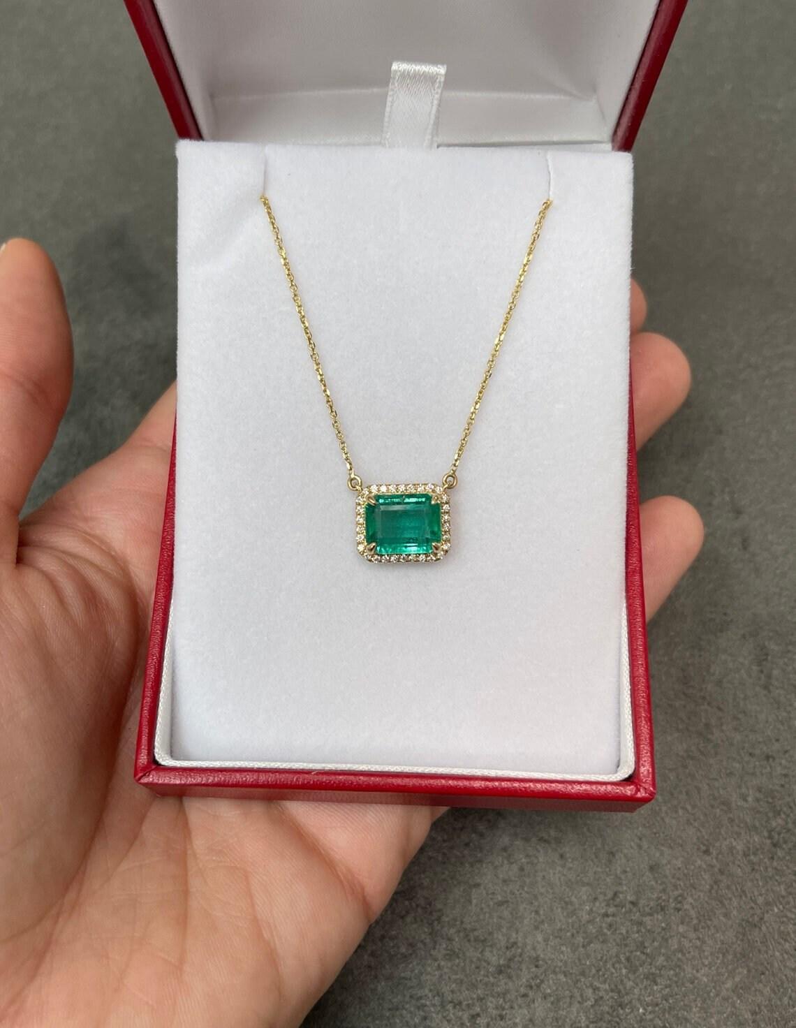 4.0tcw Natural Emerald-Emerald Cut & Diamond Halo Necklace Solid Gold Horizontal In New Condition For Sale In Jupiter, FL