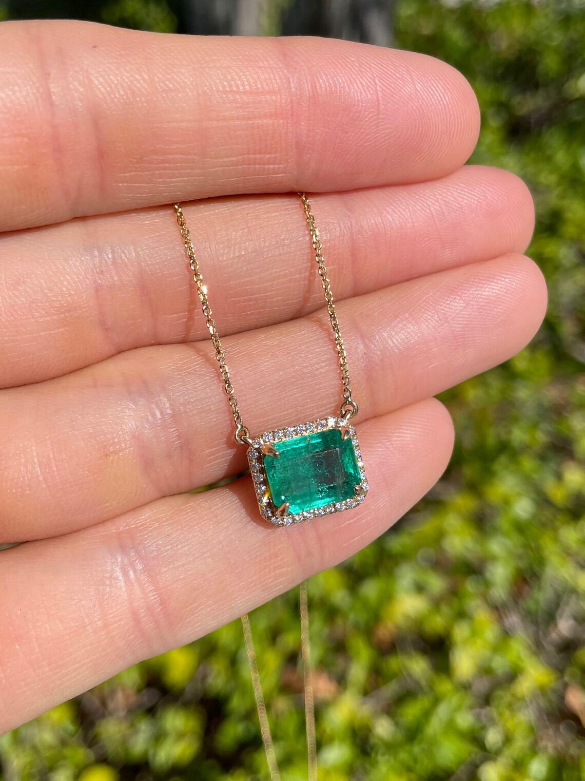 4.0tcw Natural Emerald-Emerald Cut & Diamond Halo Necklace Solid Gold Horizontal For Sale 1