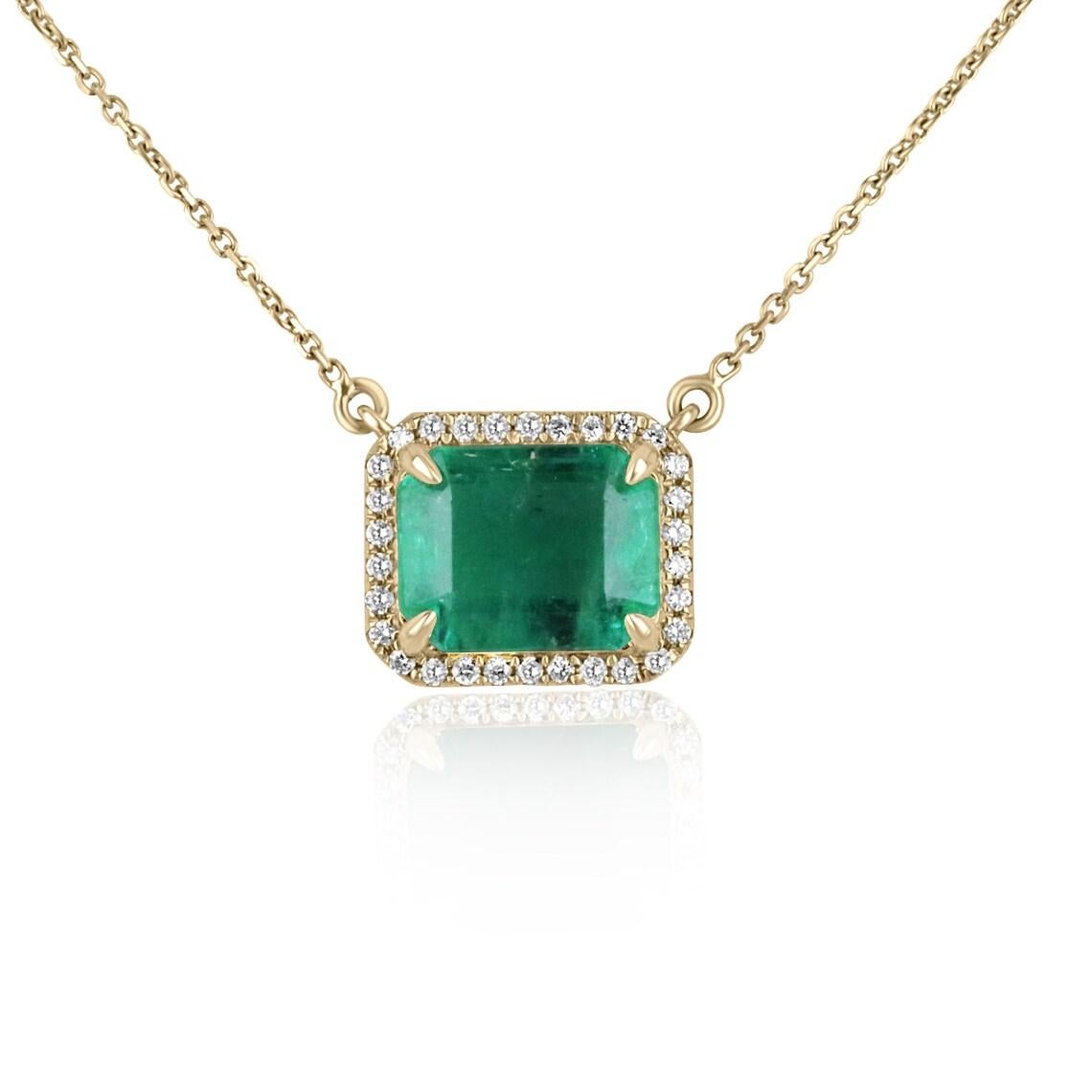 4.0tcw Natural Emerald-Emerald Cut & Diamond Halo Necklace Solid Gold Horizontal For Sale