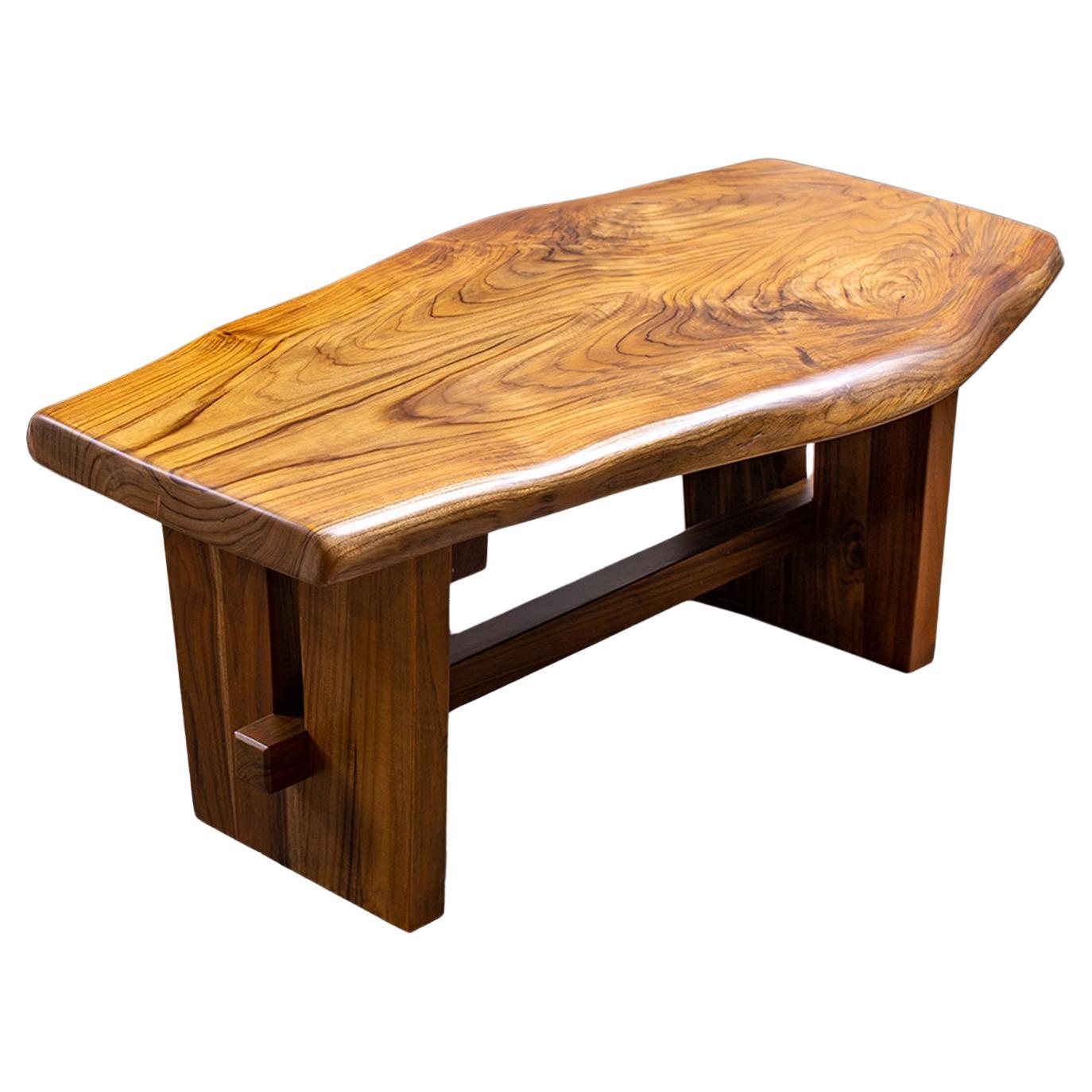 Book-Match 100% Solid Teak Live Edge Bench in a Smooth Autumn Finish For Sale