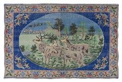 40"x63" Vintage Deer Rug, Handmade Wall Hanging, Pictorial Tree & Floral Art Rug