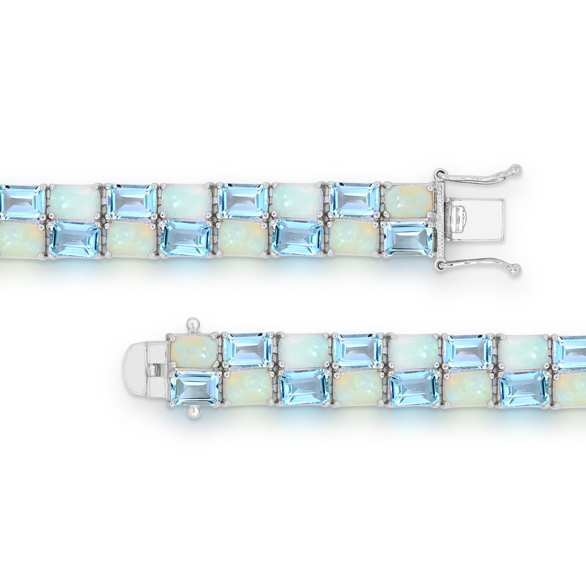 Contemporary 41-4/5 ct. Emerald-Cut Sky Blue Topaz and Octangle Opal Sterling Silver Bracelet For Sale