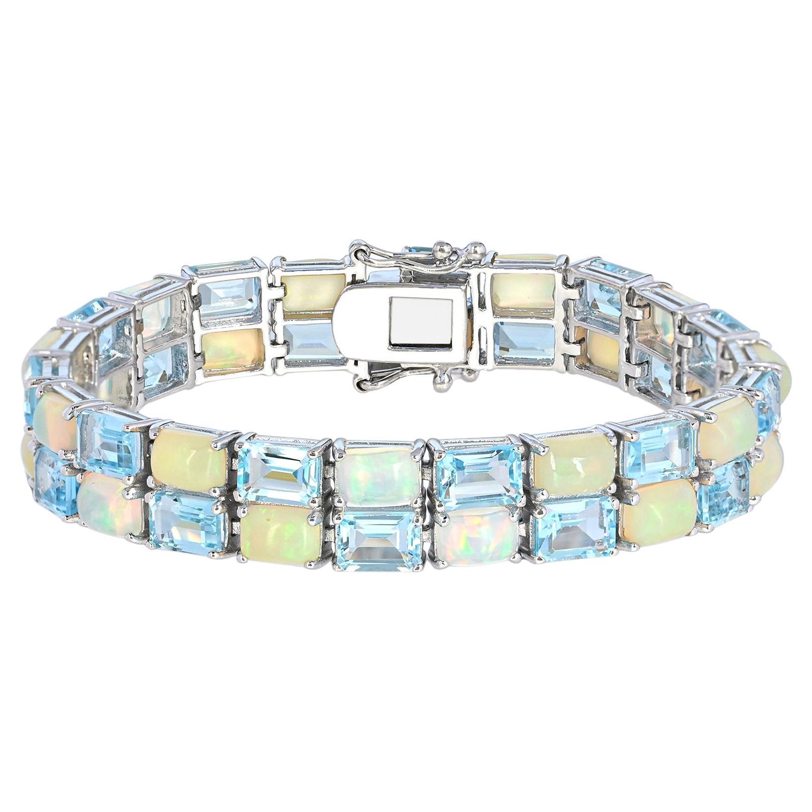 41-4/5 ct. Emerald-Cut Sky Blue Topaz and Octangle Opal Sterling Silver Bracelet For Sale