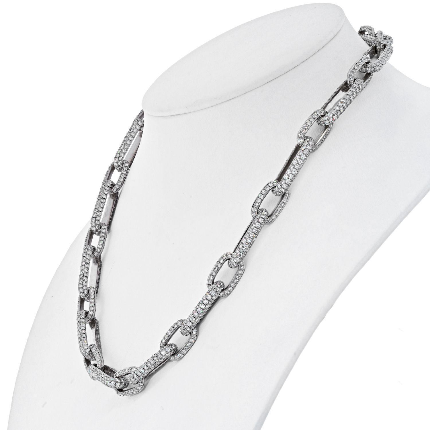 Modern 41 Carat 18K White Gold Pave Diamond Link Chain Necklace For Sale