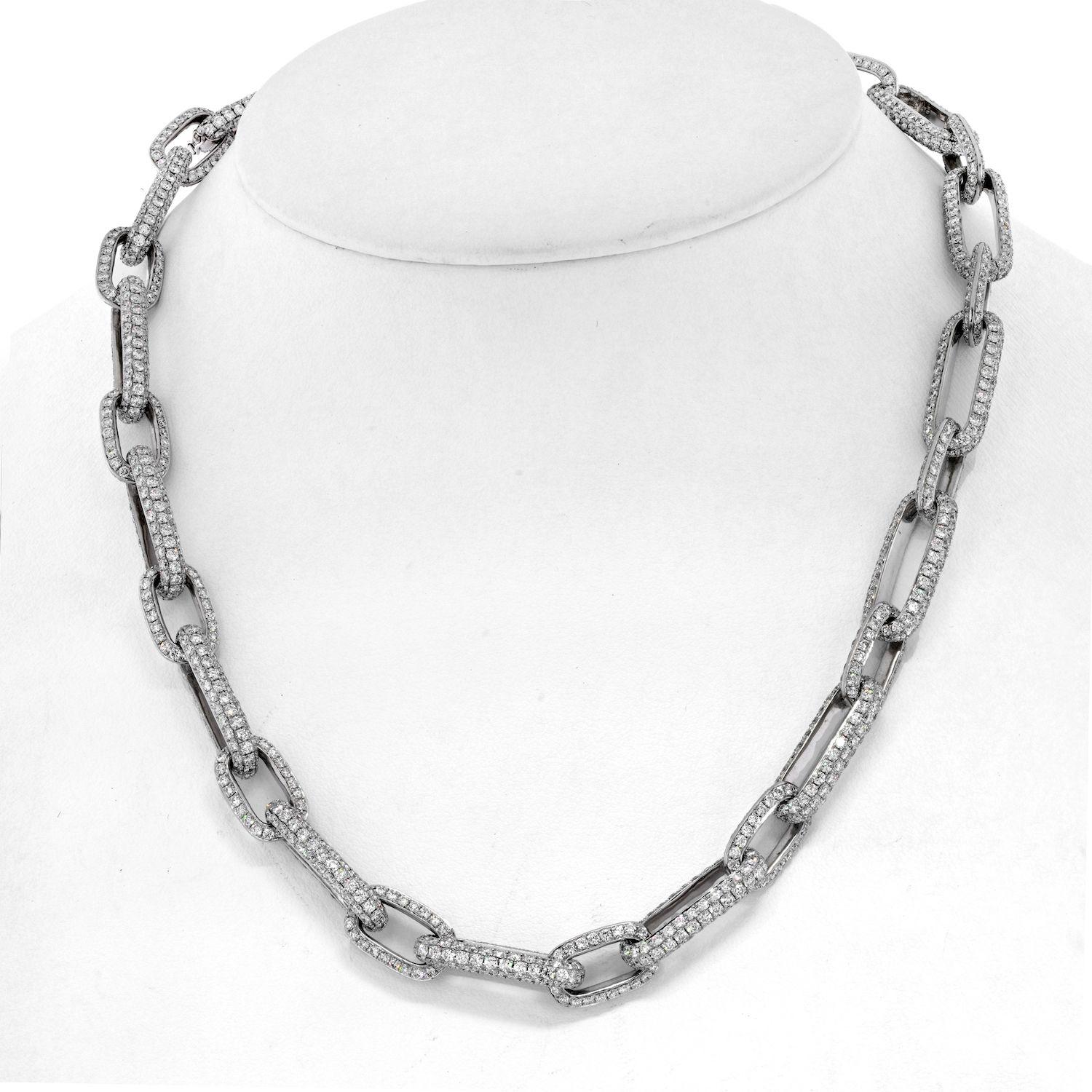 Round Cut 41 Carat 18K White Gold Pave Diamond Link Chain Necklace For Sale